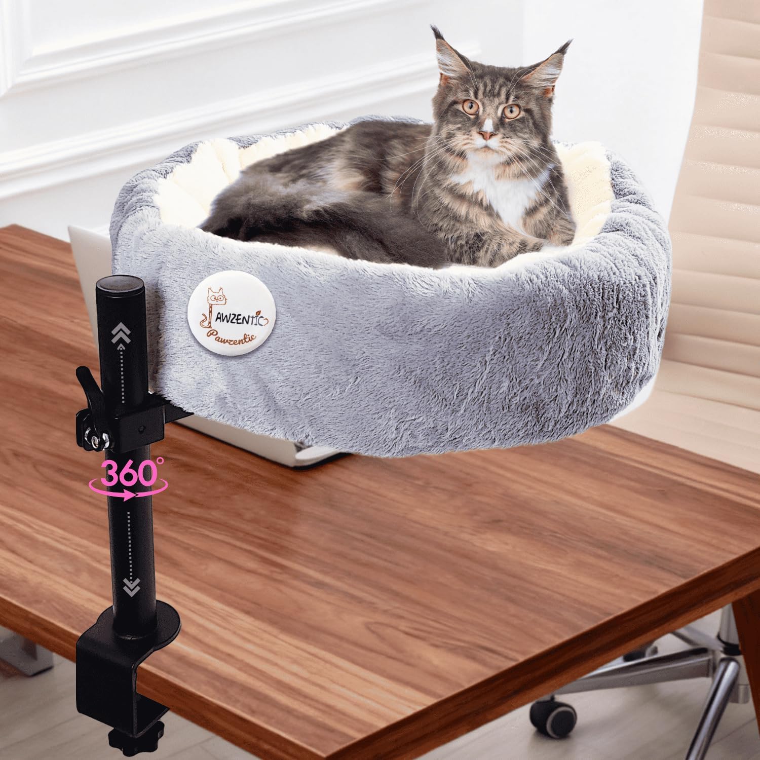 19" Extra Large Cat Desk Bed,One-Button Easy Lift & Rotate,Extra Thick Cushion,Reversible Two-Tone,Super Soft Plush Faux Fur Pet Bed,Machine Washable Bed,desk bed for large cats(Light Grey Duo)