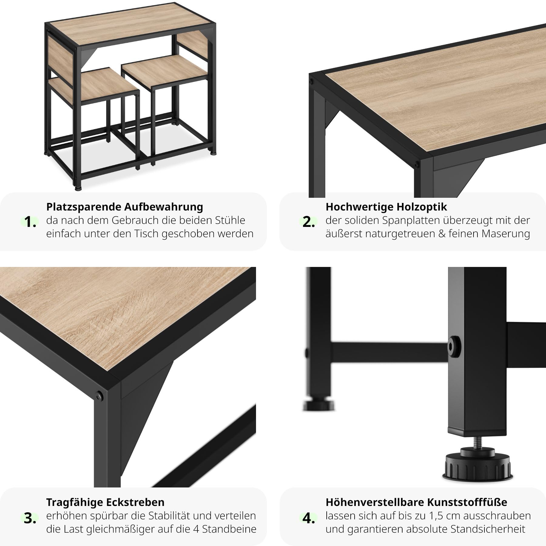 tectake Sitzgruppe 3-teilig im Industrie-Design, Essgruppe für 2 Personen aus Holz + Metall, Esszimmer Set mit Esstisch und 2 Stühlen, schwarzes Metallgestell (Industrial Holz hell, Eiche Sonoma)