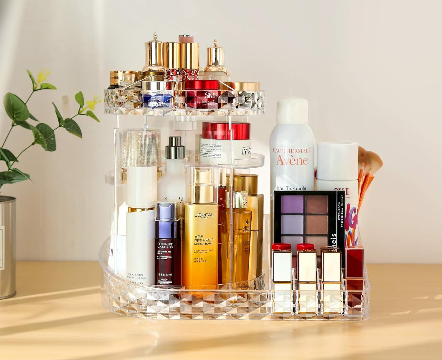 MOOCHI Clear L-Shape Bottom Makeup Organizer 360 Degree Rotating Multi-Function Acrylic Diamond Pattern Cosmetic Storage Display Case For Brushes Lipsticks Jewelry