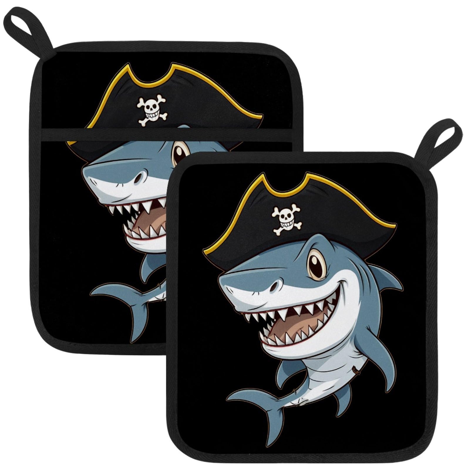 VAPOKF Pirate Shark Pot Holders with Pocket for Kitchen Heat Resistant Potholders Large Polyester-Cotton Square Oven Mitts Set
