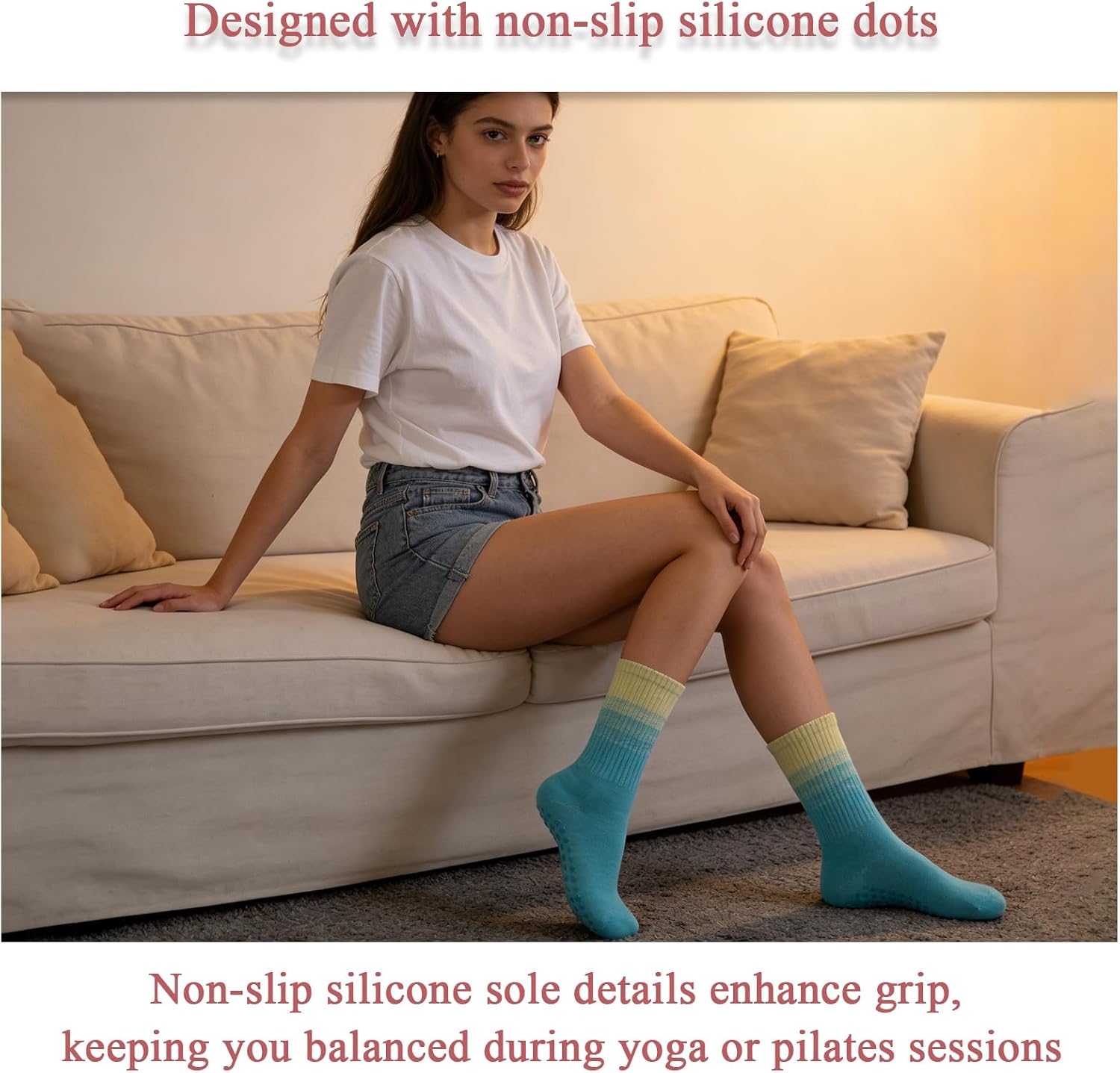 Pilates Grip Socks for Women Cute Non-Slip Yoga Grippy Socks Gradient Non Skid Athletic Crew Sticky Sock Barre Ballet Workout Hospital 6 Pairs