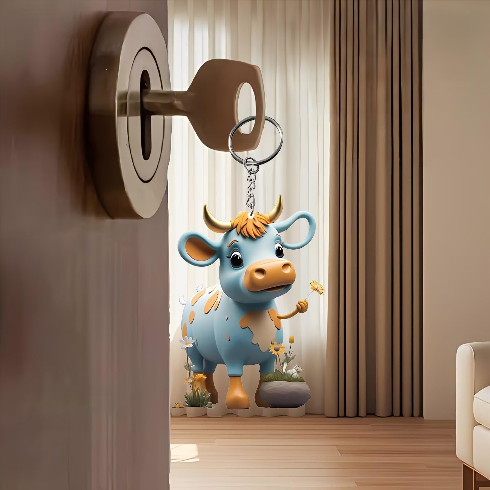 Cute Blue Cartoon Cow Acrylic Keychain - Flat Printed Animal Keyring with Flower Detail for Keys Bags Car