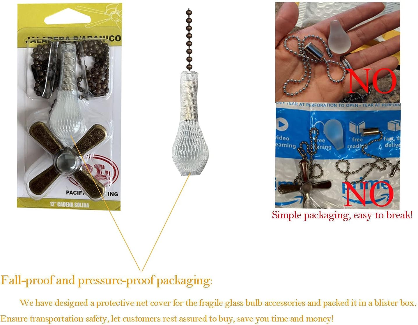 Ceiling Fan Pull Chain，13.6 inch Fan Pulls Set with Decorative Bulb and Fan Cord，3mm Diameter Beaded Ball Fan Pull Chain (Antique) - - 