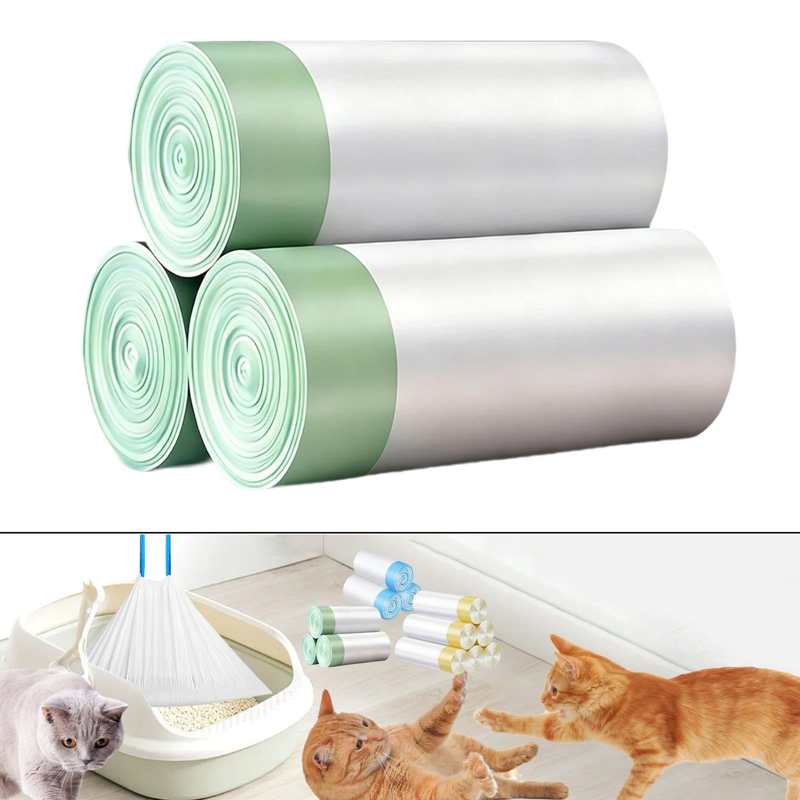 F Fityle 60 Bolsas para de Gatos y excrementos de Perro, portátiles, para pasillos, Paseos y Viajes al Libre, Cordón Verde