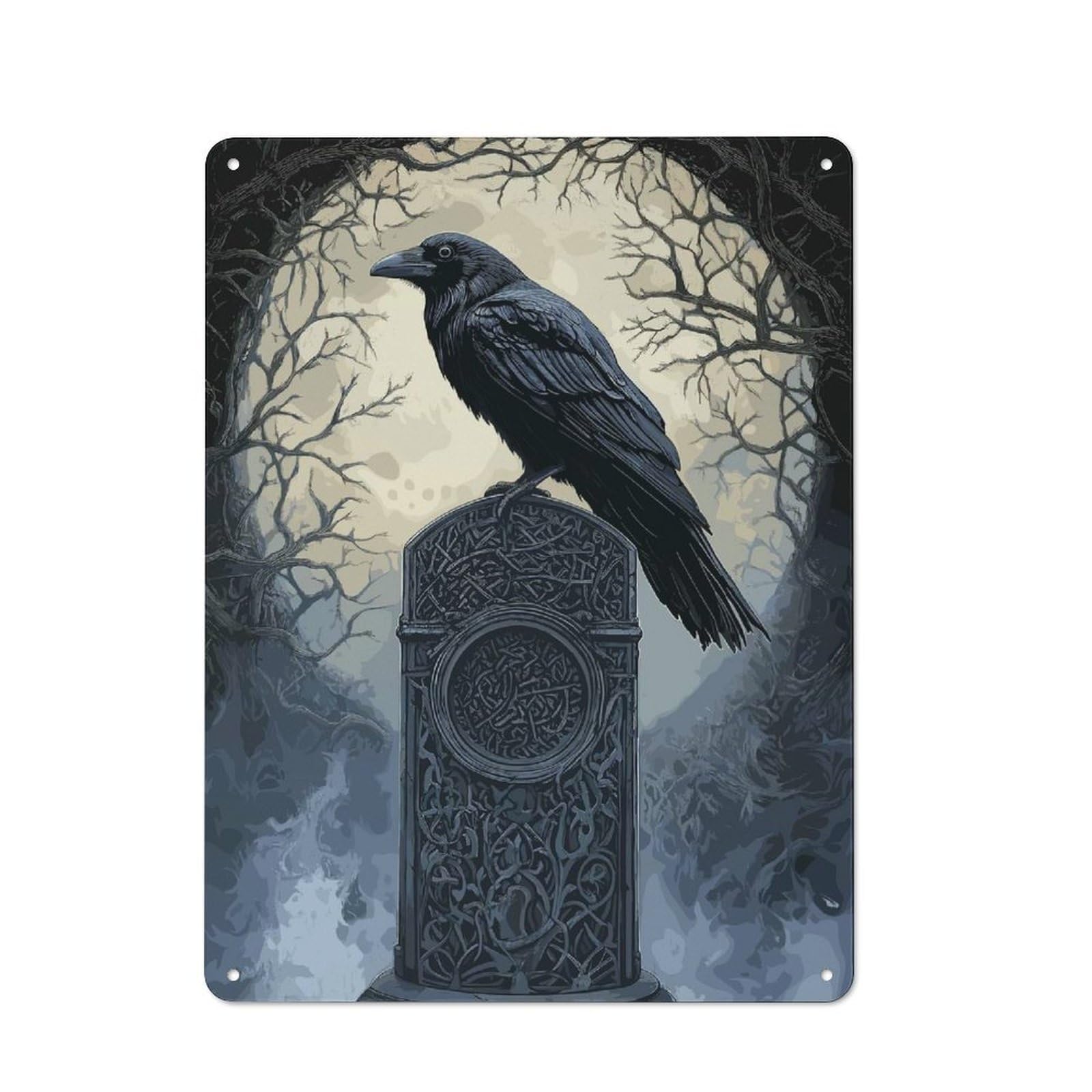 Junmoney Gothic Raven On Stone Monument Tin Wall Plaque 40X30cm With For Guest Room Or Hallway, For Metal Sign Collectors, For Garage And Workshop Walls