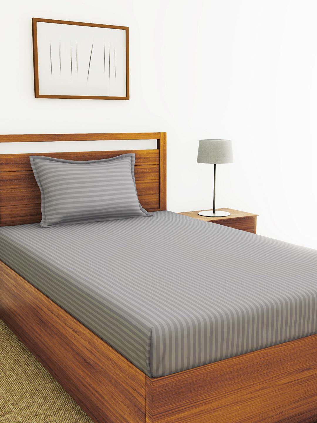 BIANCA 210TC Super Soft 100% Egyptian Cotton Satin Stripe Single Bedsheet with 1 Pillow Cover -2Pc Set (Hilton) Stripe-Silver Grey-image-30