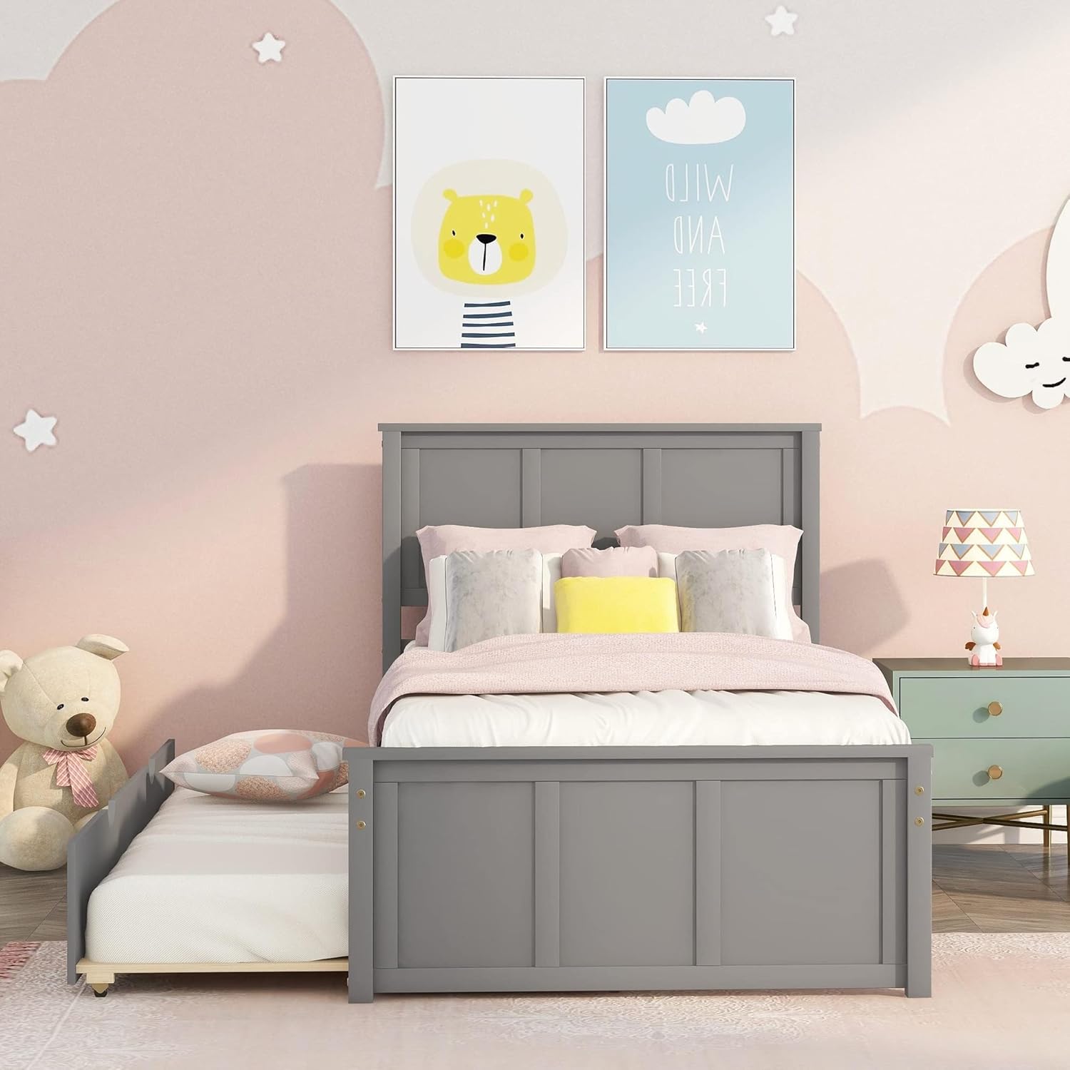 Harper & Bright Designs Twin Bed Frame with Trundle, Kids Platform Twin Bed with Pull Out Trundle,Solid Wood, No Box Spring Needed,Gray
