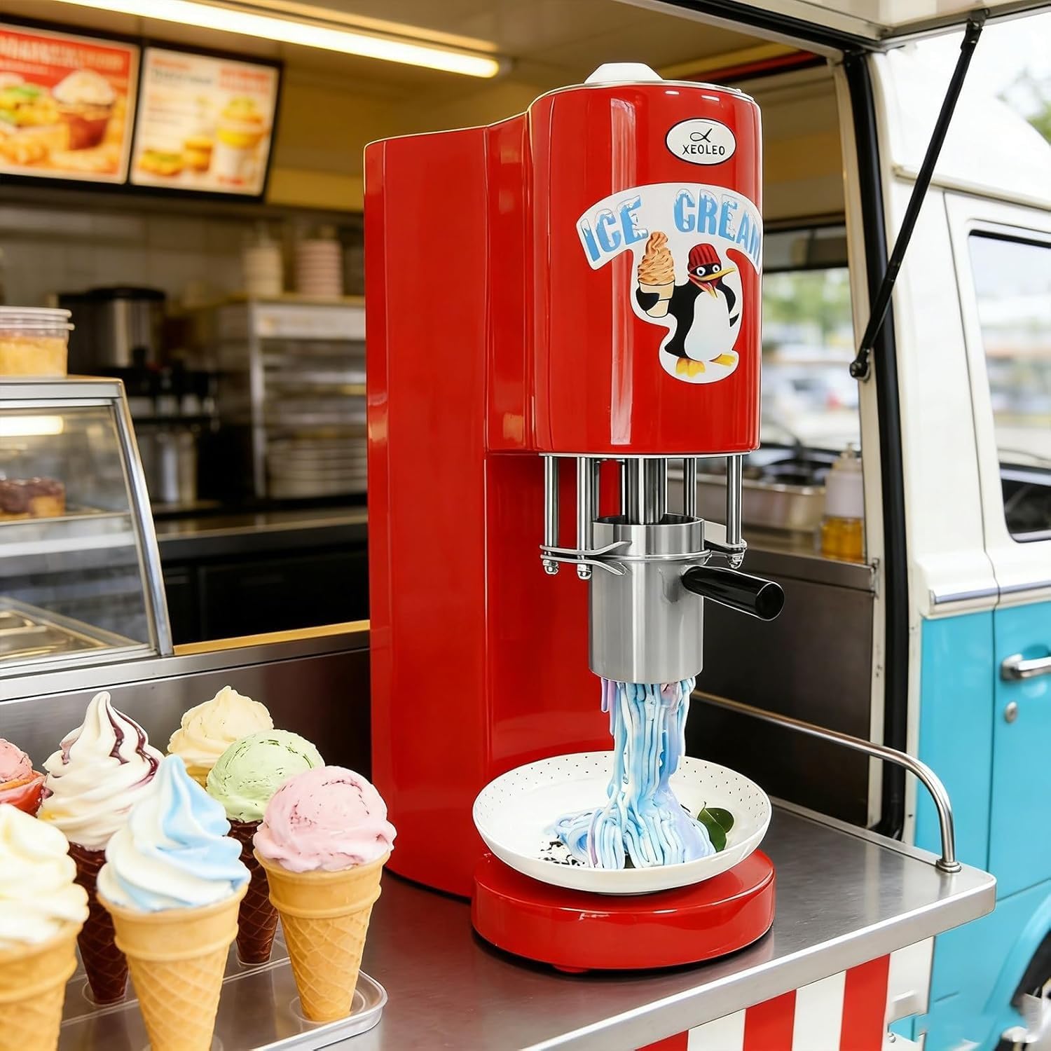 Versatile Ice Cream & Pasta Press, Commercial Spaghetti Ice Cream Maker with 4 Molds, 7.9 Gal/Hr Output, 6-8s/cup For Ice Cream Store, Bars, Cafes, Restaurant, Shop(Red)