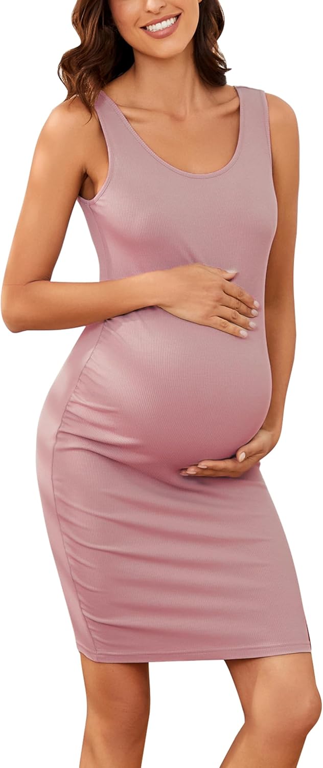 Ecavus Women's Maternity Ribbed Slim Fit Dress Sleeveless Tank Dresses Scoop Neck Pregnancy Bodycon Dress for Casual Wear