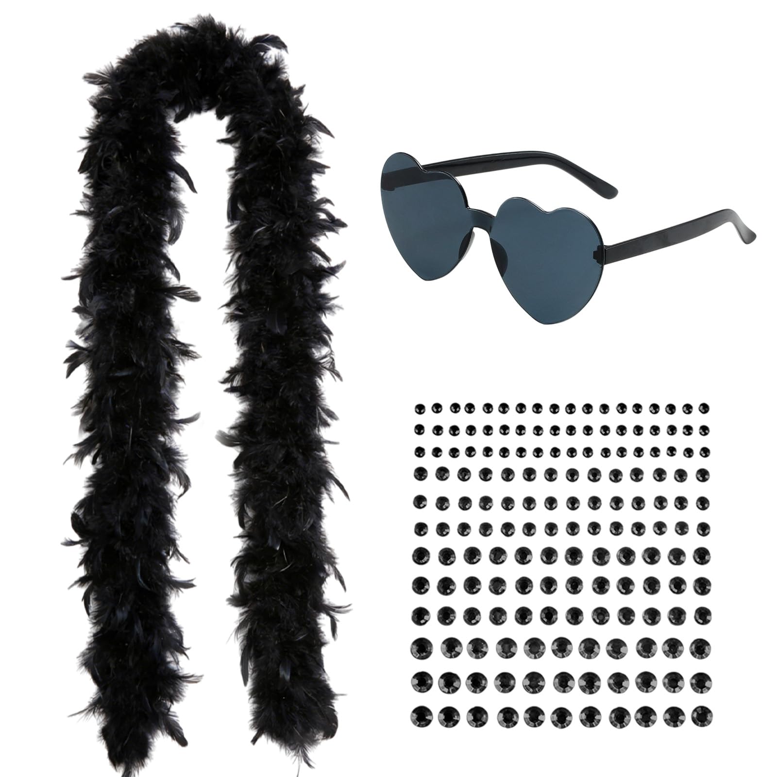 GWAWG Black Feather Boa Set - 2m Feather Scarf + Black Heart Sunglasses, Women's Fancy Dress Accessory for Carnival, Costume Parties & Stage Performances