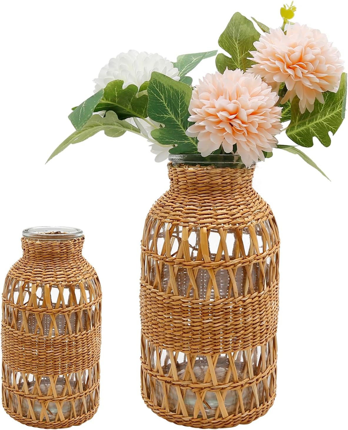Straw Woven Glass Vase 8.06''x2.75''x4''Boho Glass Flower Vase Country Rustic Style Vase Glass Vase for Floral Arrangements Housewarming Party Home Decor (C Style 8.06IN)