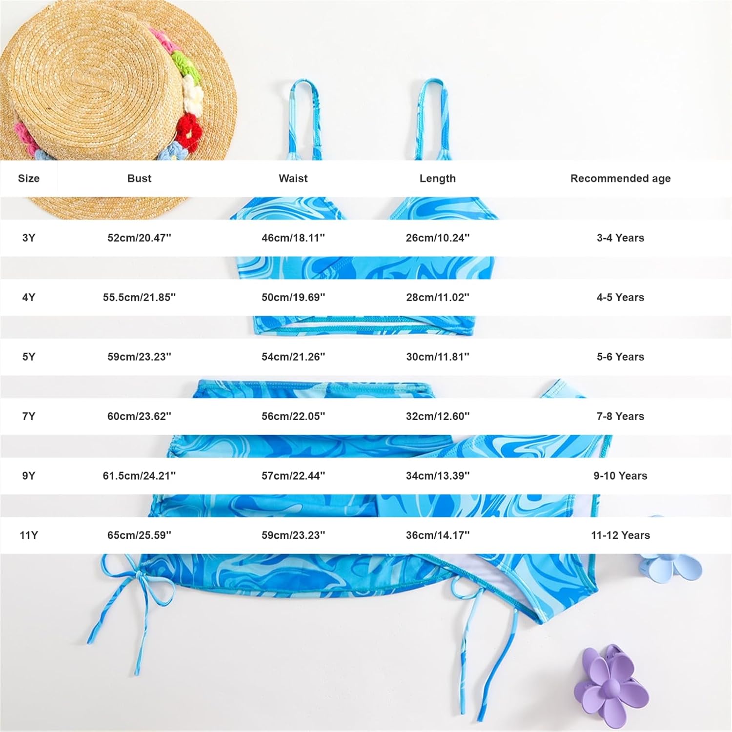 Girls Swimsuits 3 Piece Cute Print Beach Bikini Set Adjustable Straps Bathing Suit with Cover Up Skirt Sports Swimwear