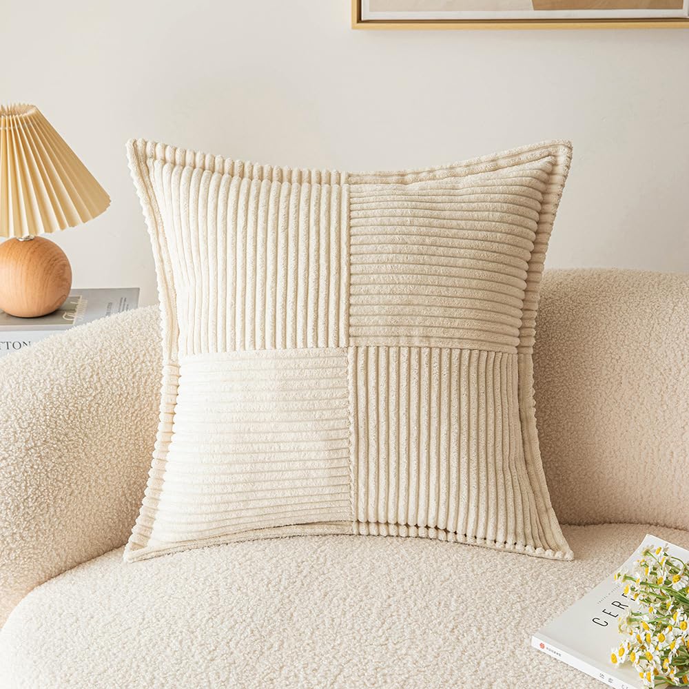 Plancholo Decorative Throw Pillow Cover 18x18 Inch Boho Pillow Cover Broadside Striped Patchwork Soft Corduroy Pillowcase for Couch Sofa Bed, Beige