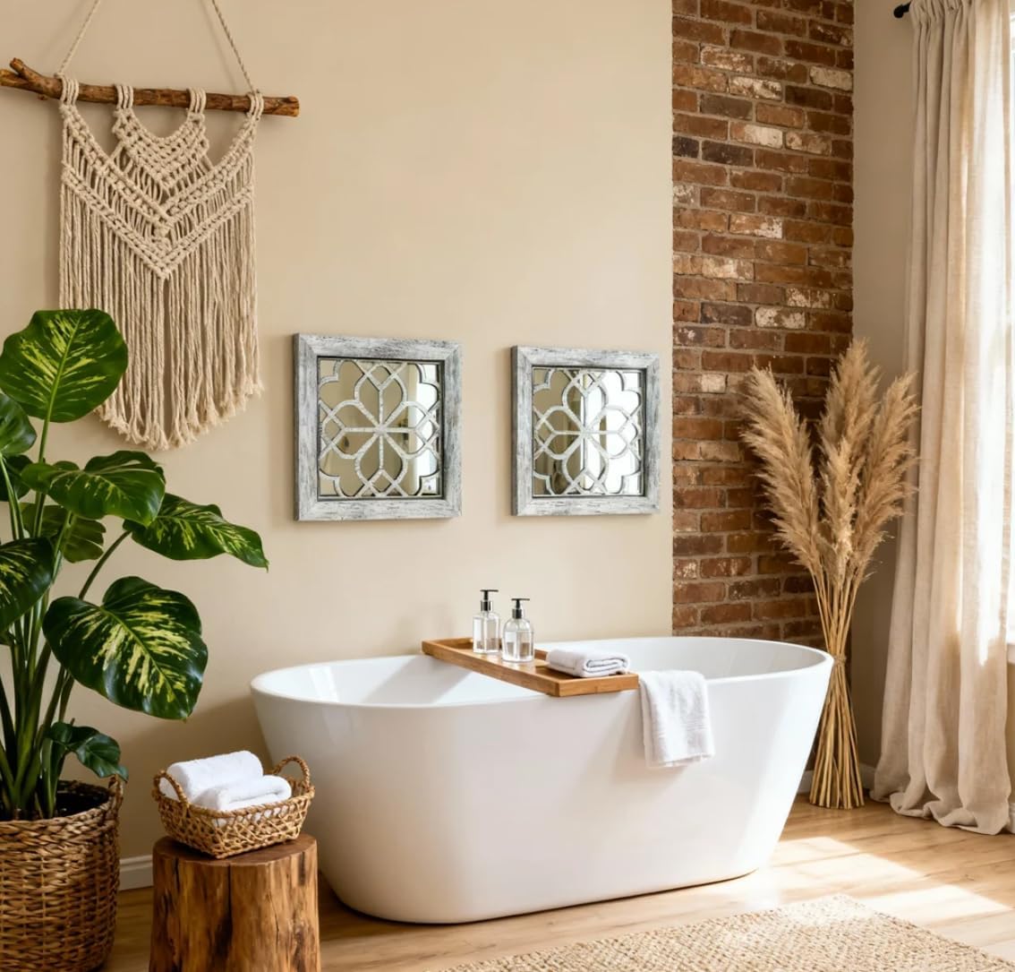 Boho Wall Mirror Decor, Set of 2 Rustic Farmhouse Accent Mirror 12x12 Inch, Square Shatterproof Vintage Style Mirrors for Wall, Small Decorative Mirrors for Living Room, Bedroom(Grey)