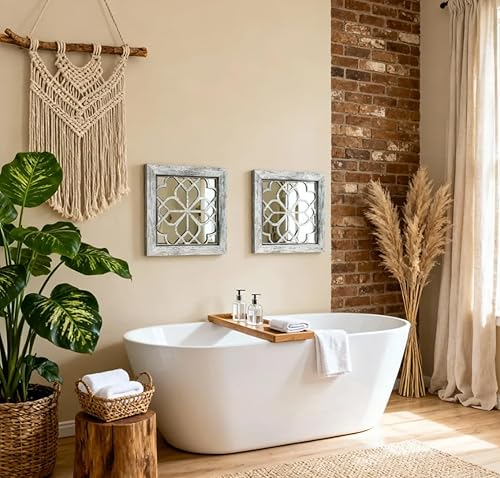 Miniatura 6 de Espejo de pared bohemio, juego de 2 espejos rústicos de acento de granja, espejos vintage estilo cuadrado a prueba de roturas de 12x12 pulgadas para