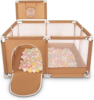 Selonis Parque De Juegos Con Canasta Y 100 Bolas Para Niños, Beige:Beige Pastel/Amarillo Pastel/Blanco/Menta/Rosa Claro
