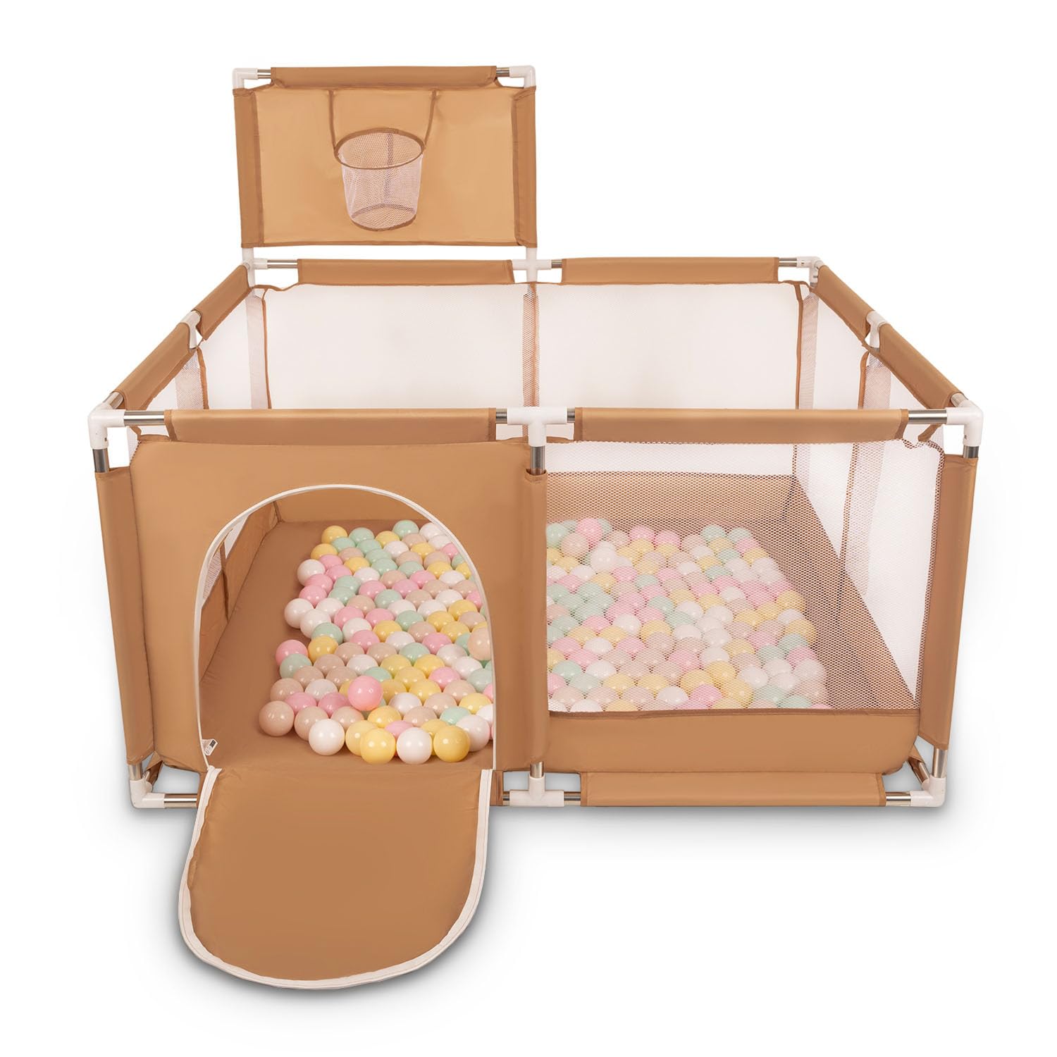 Selonis Laufstall Mit Korb Und 100 Bälle Laufgitter Für Kinder, Beige:Pastellbeige/Pastellgelb/Weiß/Minze/Puderrosa