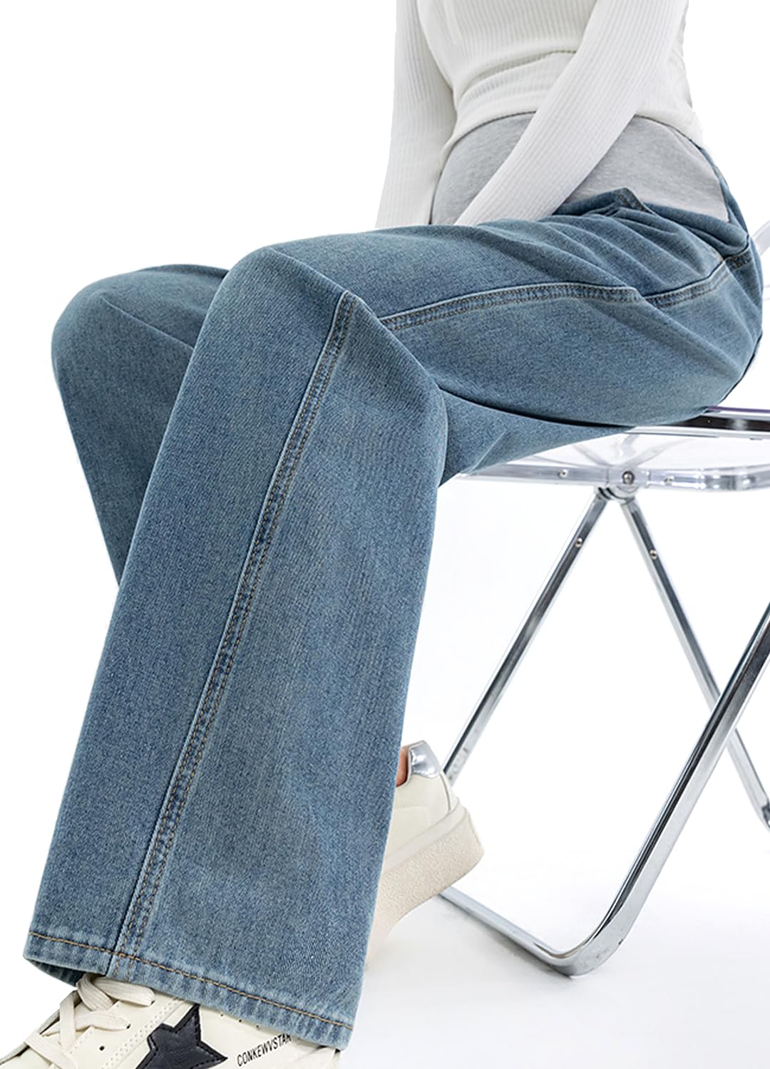 Alled Maternité Jeans, Pantalon Maternité Jambes Larges Réglable élastique Taille,Jeans Grossesse Lâche avec des Poches Pantalon Décontracté