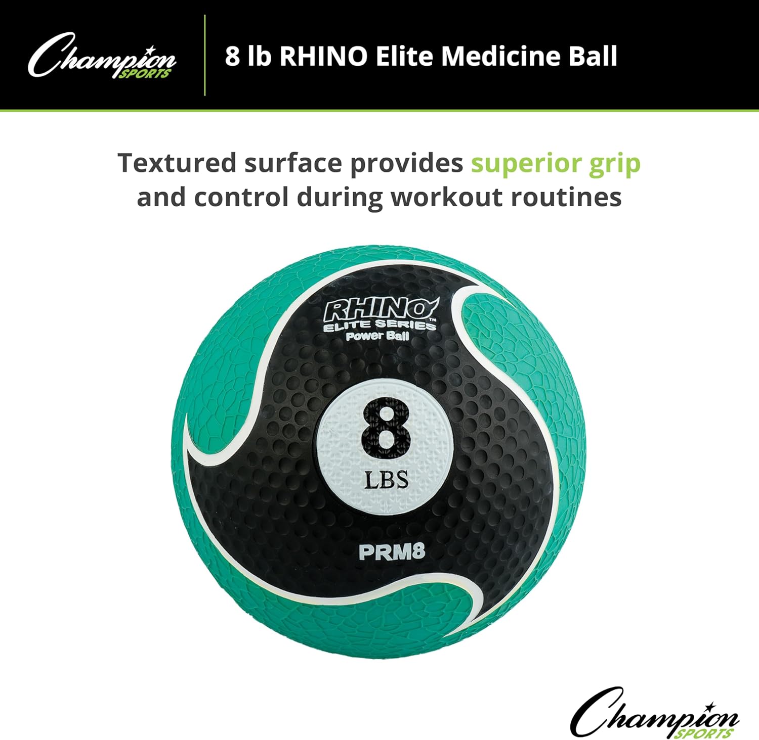 Champion Sports Rhino Elite Medicine Ball – Textured Surface, Superior Grip, Hollow Synthetic Rubber for Consistent Bounce & Durability, Multiple Weights & Colors - Optional Rebounder Sold Separately