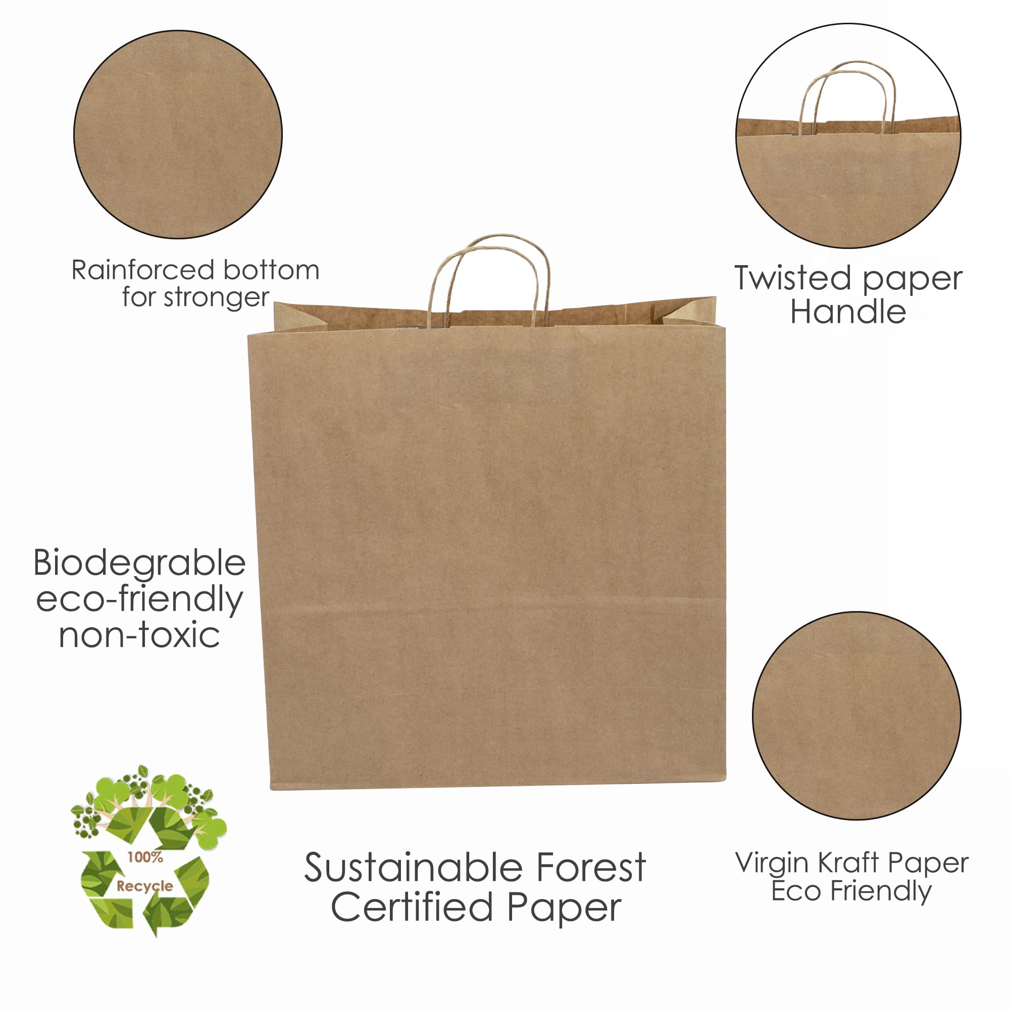 JET PAPER BAGS Sacchetti regalo in carta kraft vergine con manici ritorti, ideali per fai da te, affari, asporto, generi alimentari, bene, shopping, imballaggio e merce, 45,7 x 17,8 x 45,7 cm