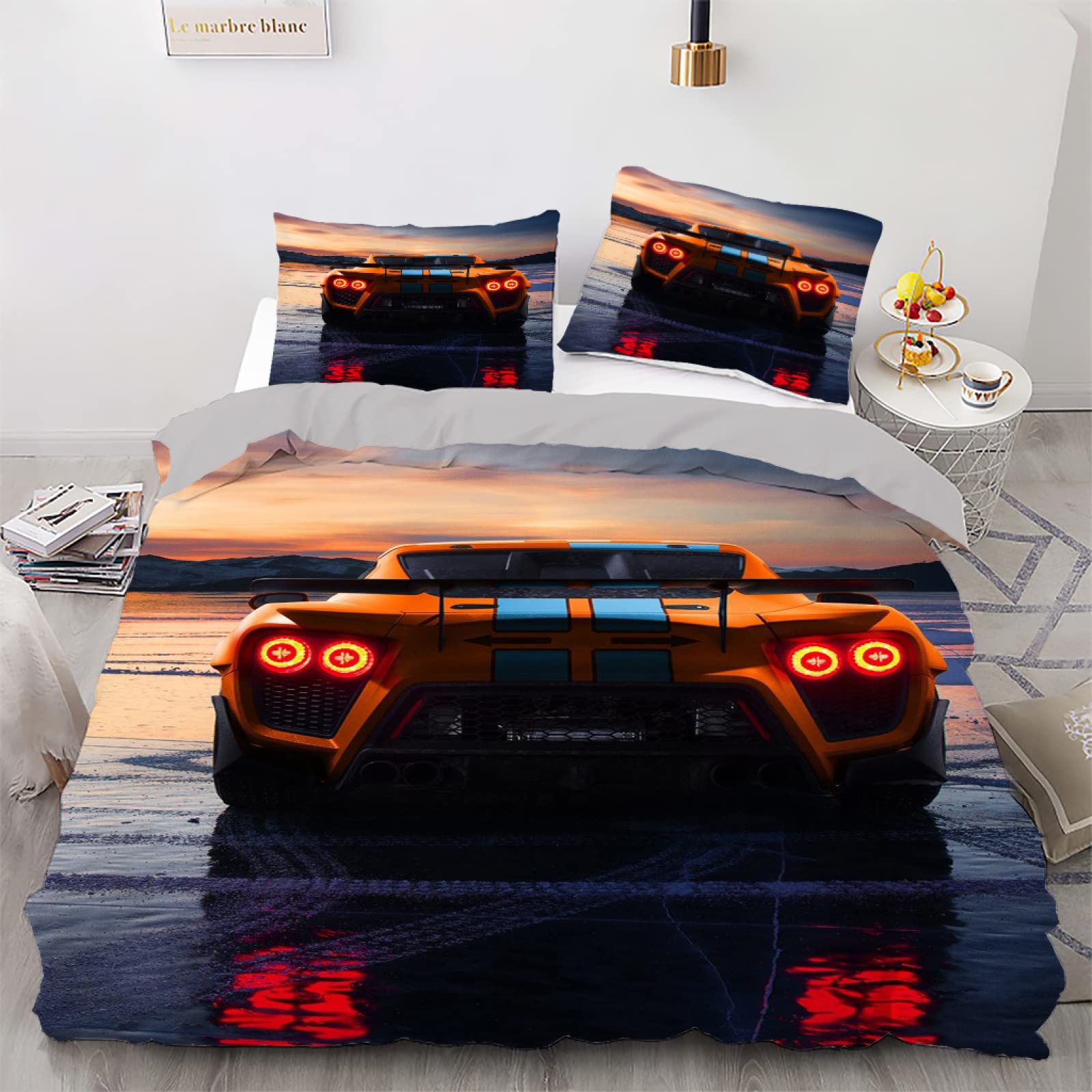 Housse de couette 140x200 voiture jaune zippée évite couette qui glisse
