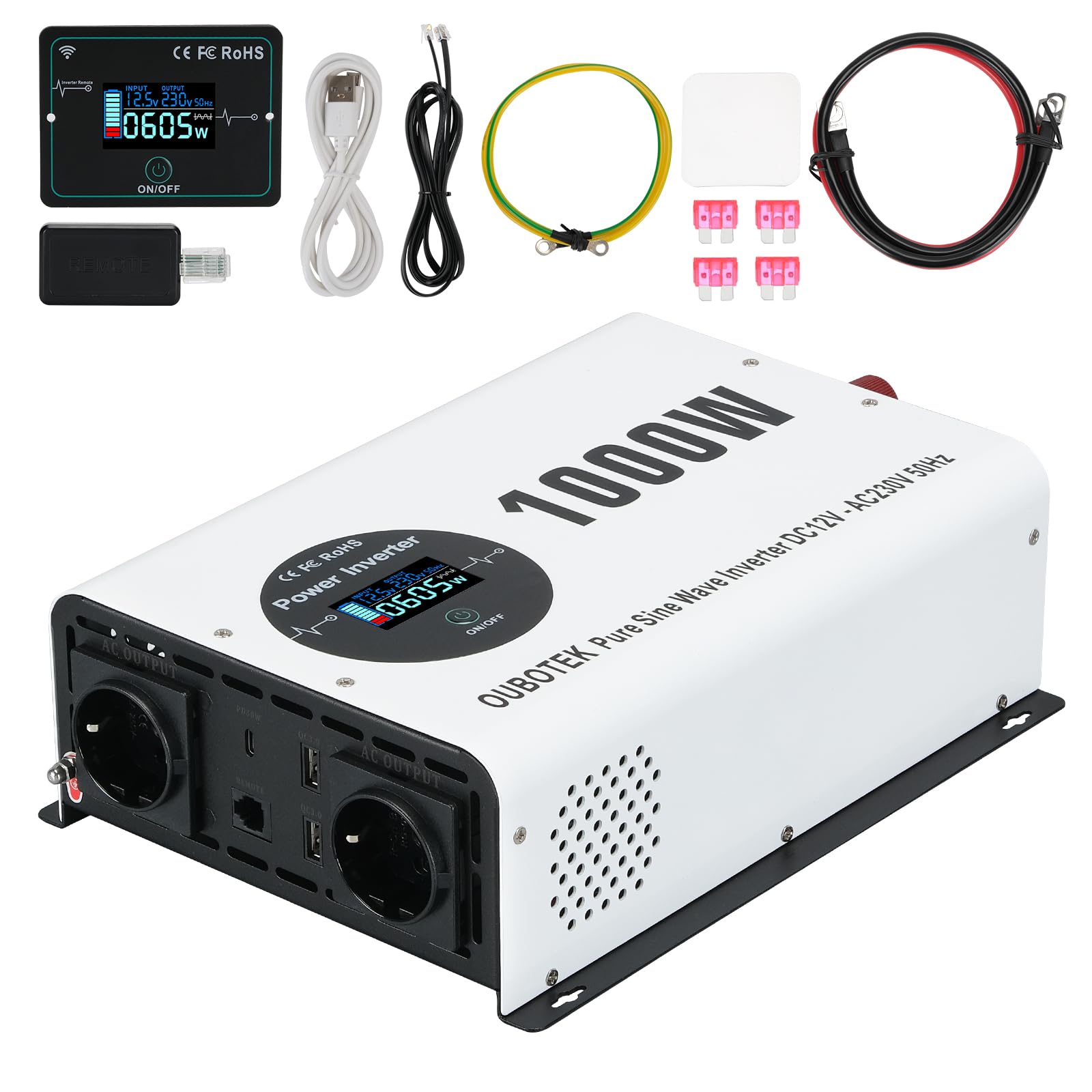 Wechselrichter 1000W / 2000W Reiner Sinus DC 12V auf AC 230V mit Drahtloser Fernbedienung LCD-Anzeige 2 AC-Steckdosen 2 USB A und 1 Type C, spannungswandler für Wohnmobil Zuhause Off Grid