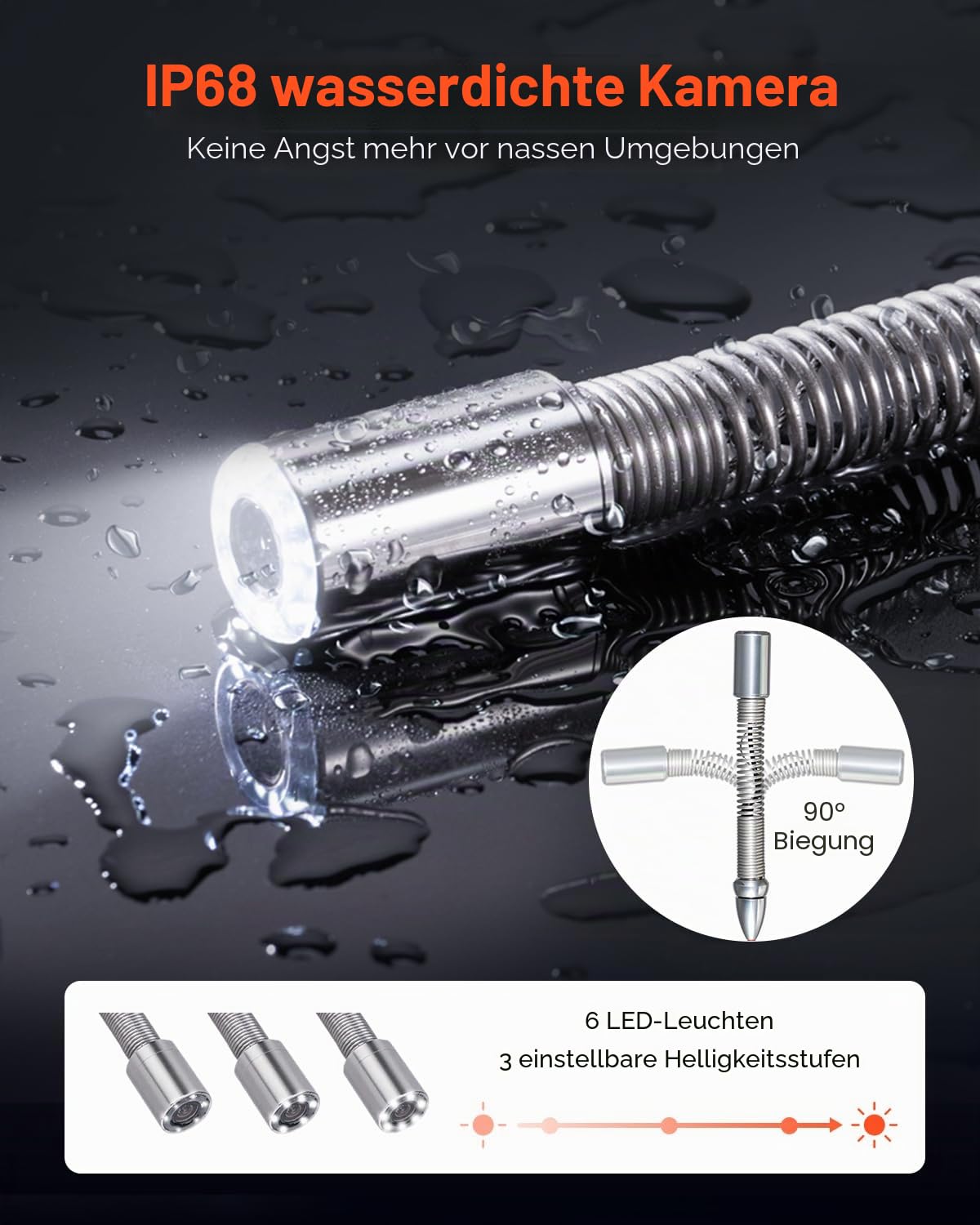VEVOR Kanalkamera 30m, Rohrinspektionskamera mit 4,3 Zoll LCD Bildschirm 6 einstellbare LED 16 GB-Karte 3-facher Zoom 8500 mAh Hochleistungsakku, IP68 wasserdichte Sanitärkamera für Abwasserkanalrohre