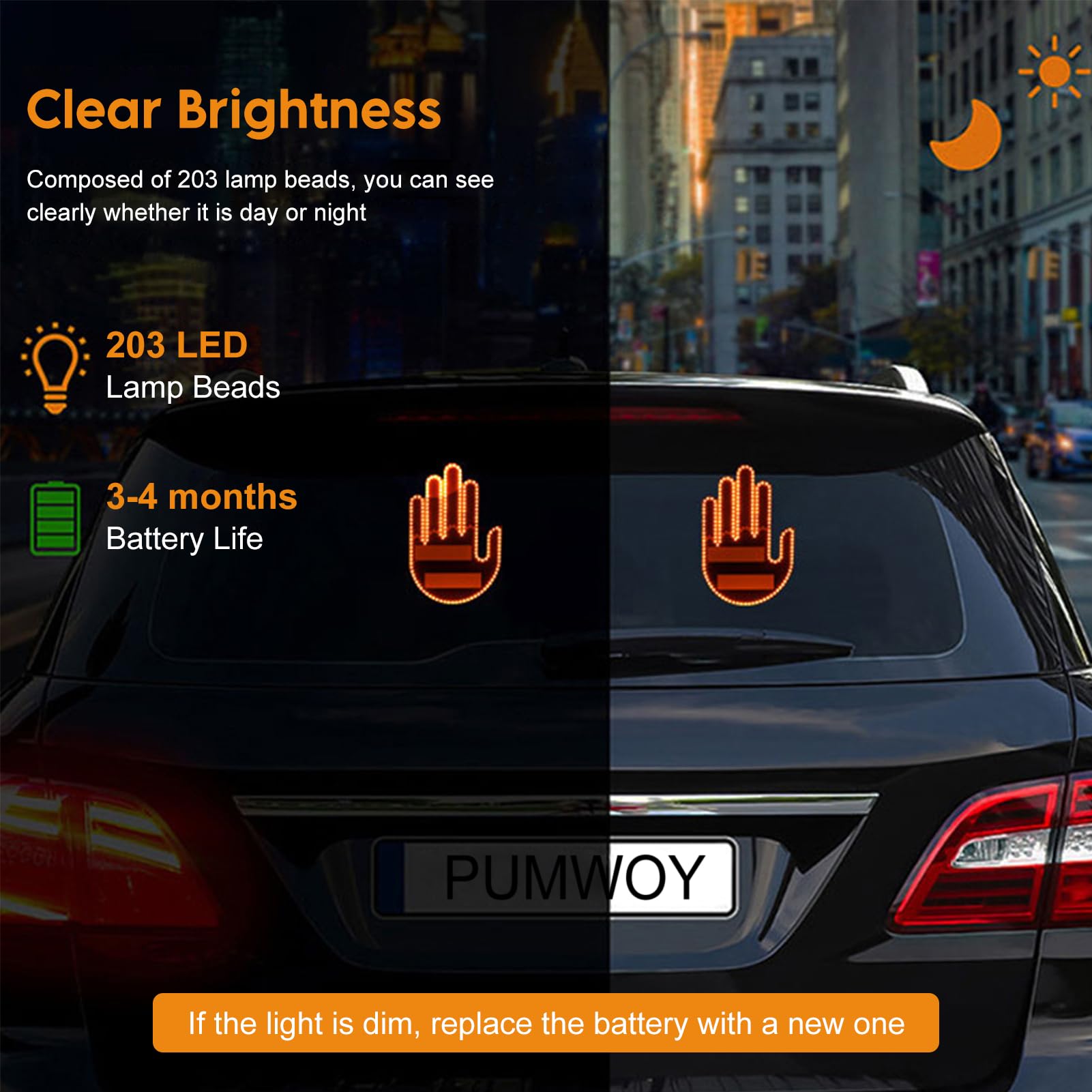 Panneau LED Doigt D'honneur Pour Voiture - Contrôle à Distance 15m - 203 LEDs - Amusant Et Expressif - Pour Vitre Arrière - 3