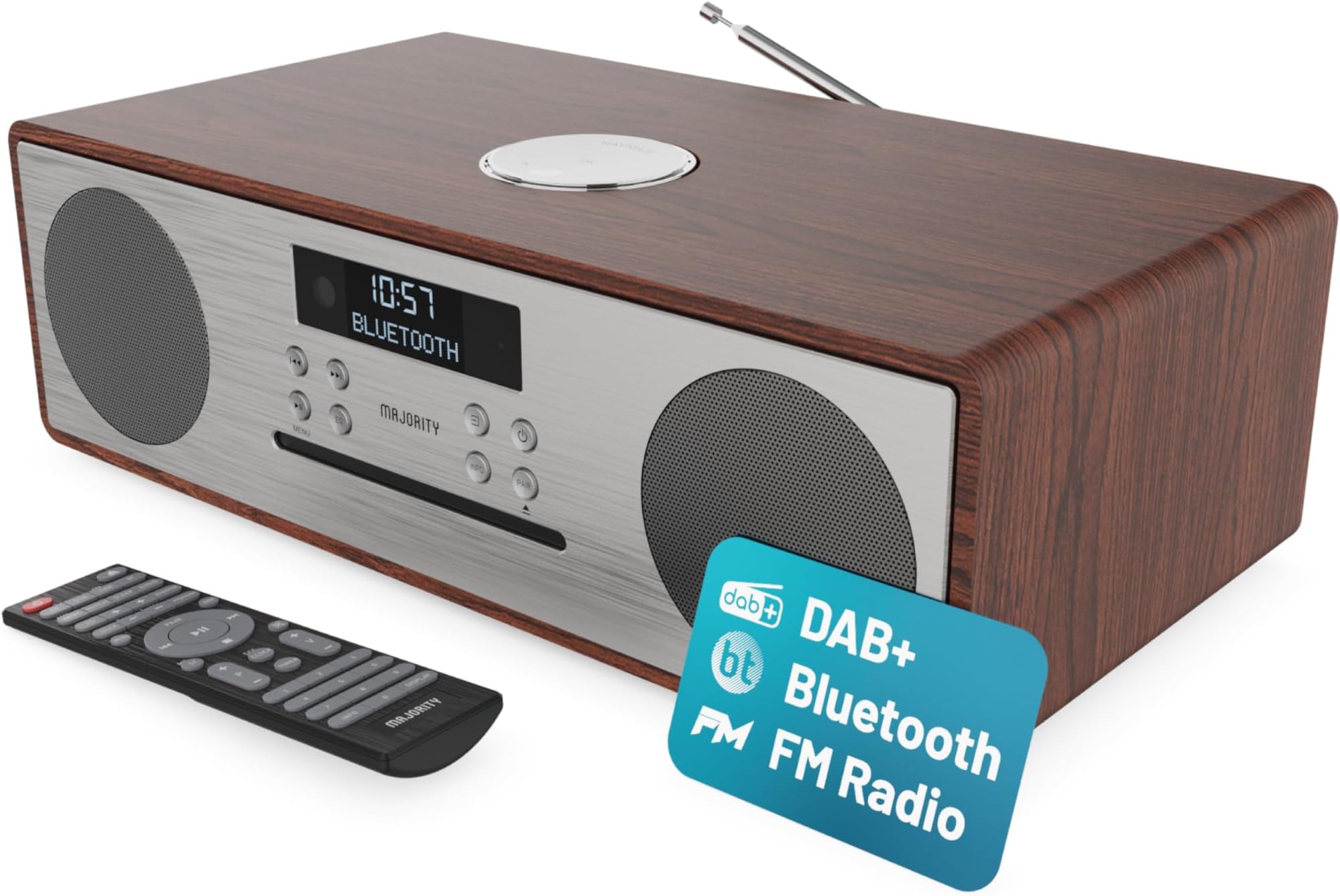 Oakington DAB/DAB+ Digital FM Radio Bluetooth Wireless CD Player Micro Compact Hi-Fi Stereo Speaker System - Remote Control - USB Charging & MP3 Playback (Walnut)