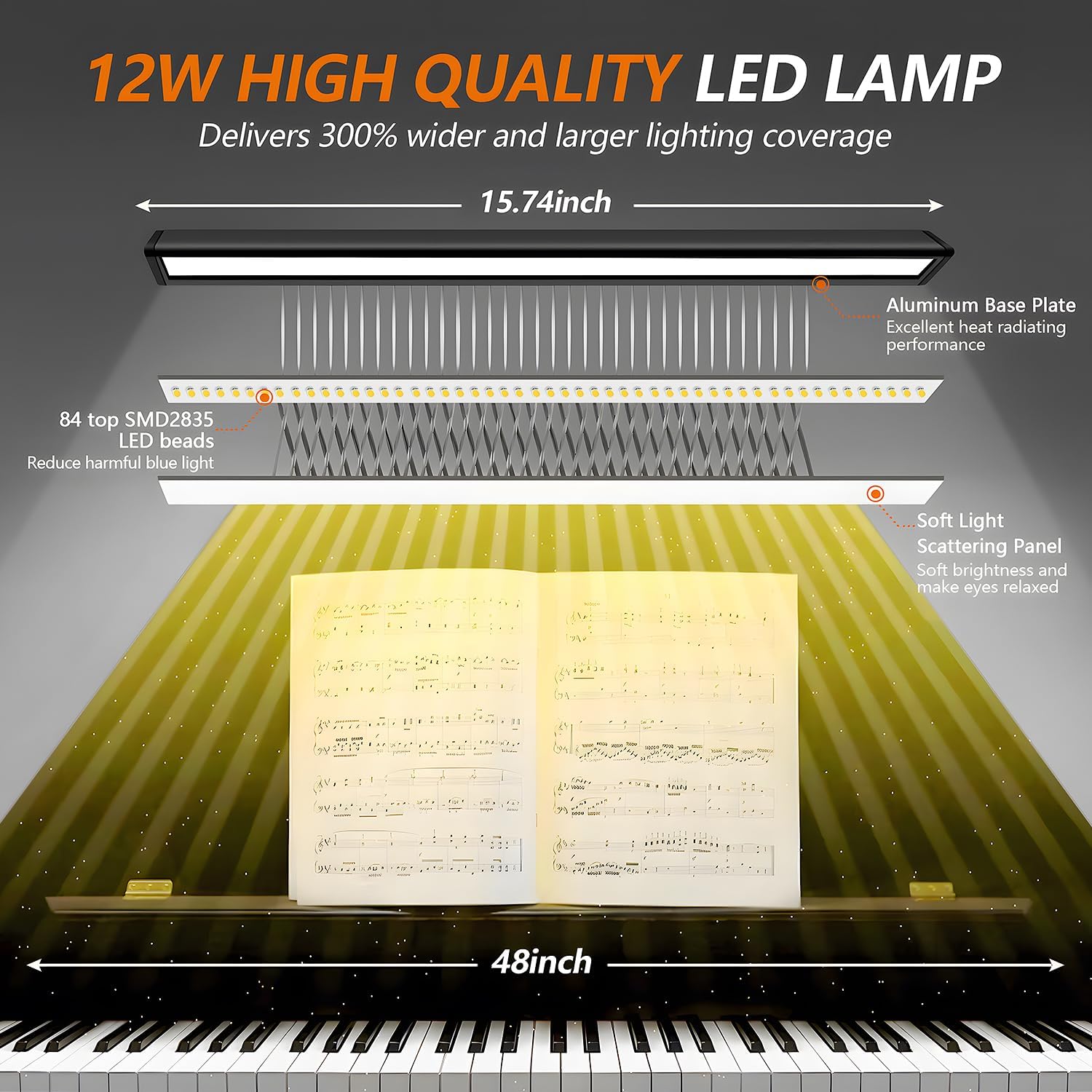 Luz de piano, lámpara LED regulable con 5 modos de luz, puerto de carga USB, temporizador de apagado automático, diseño de cuello de cisne ajustable para pianos grandes y verticales