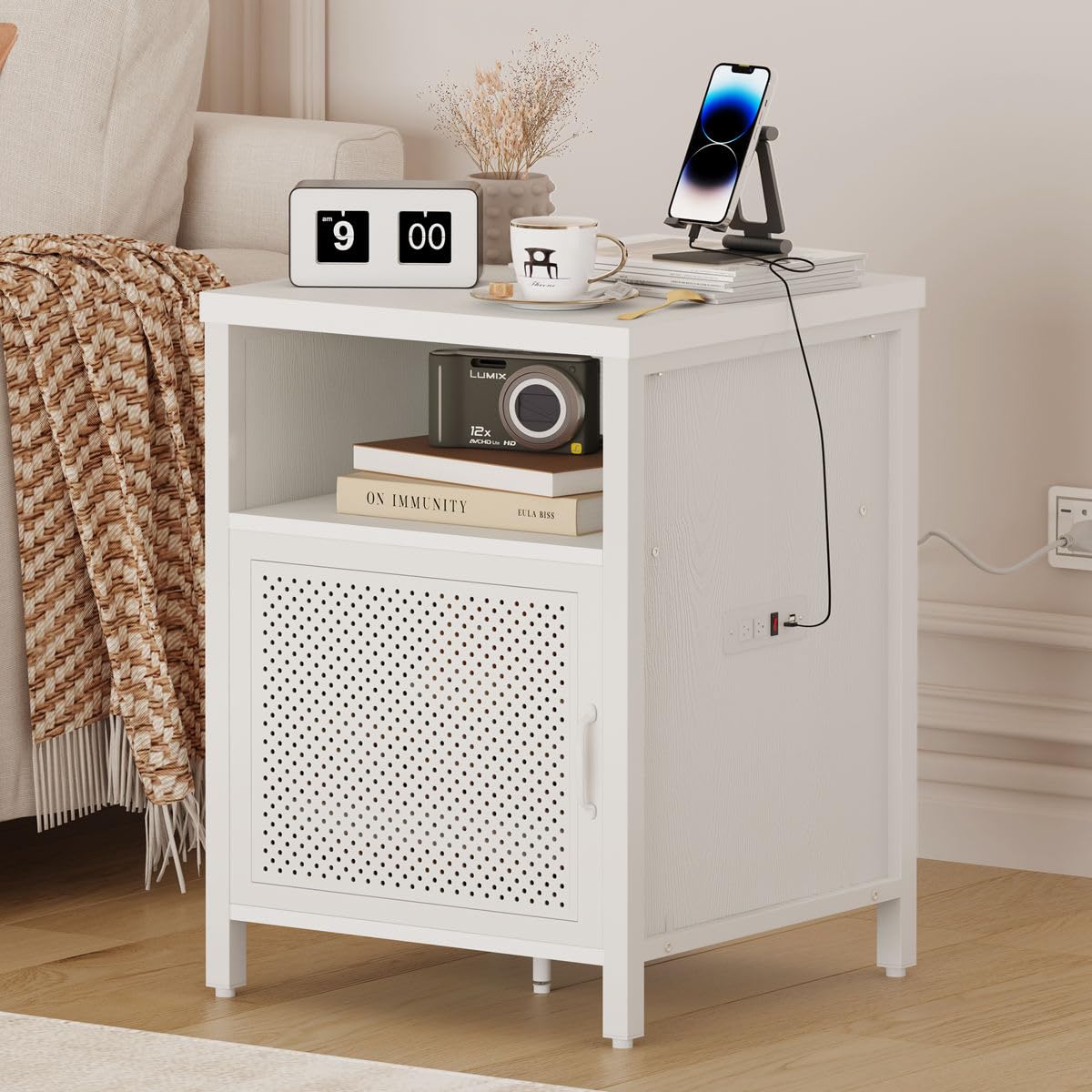 FATORRI Side Table with Charging Station, Rustic End Table with Storage, Modern Nightstand and Bedside Tables for Bedroom and Living Room (White Oak)