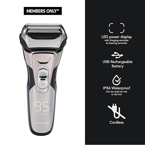 Miniatura 3 de Members Only Afeitadora de aluminio, afeitadora eléctrica inalámbrica de litio de 2 cuchillas, contorno de precisión, recortadora emergente,