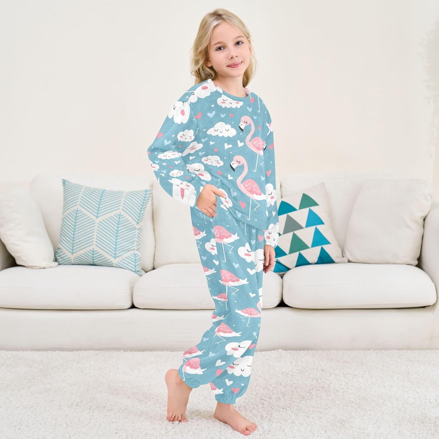 Kids Flannel Sets Flamingo Clouds Warm Plush Relaxed Clothing for Boys and Girls