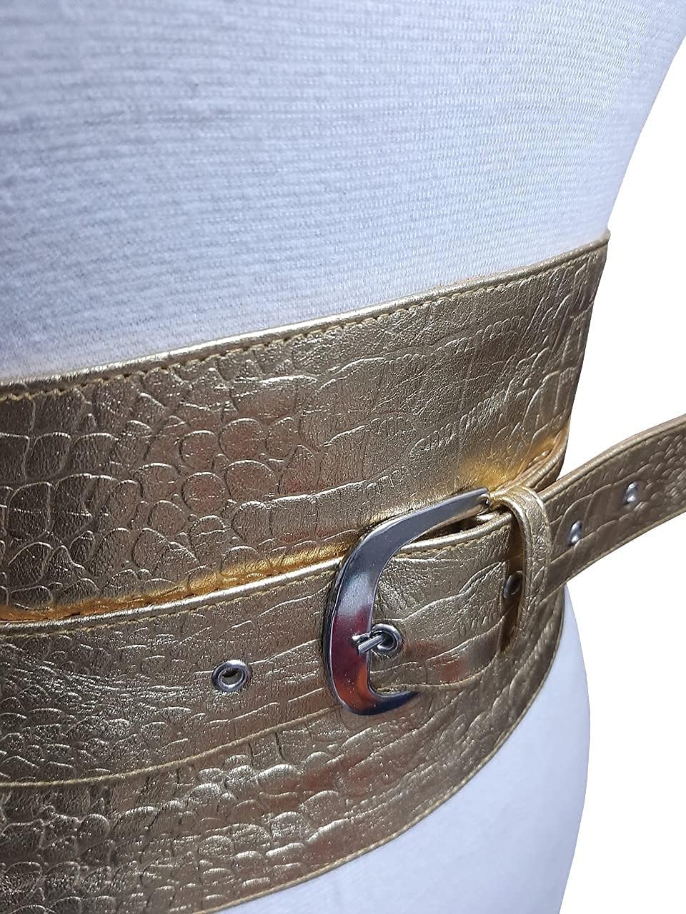 Woman's Genuine Leather Metallic Gold Crocodile Embossed Obi Sash Wrap Plus Size Waist Cincher Wide Belt