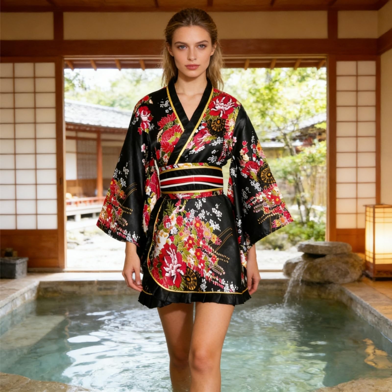 Kimono Japonais Femme Court,Yukata Imprimé Floral avec Accessoires | Kimono Été, Taille Unique, Ensemble avec Éventail, Maske, Cheveux, Coffret Cadeau, Ideal pour Carnaval, Fête, Anime-Con