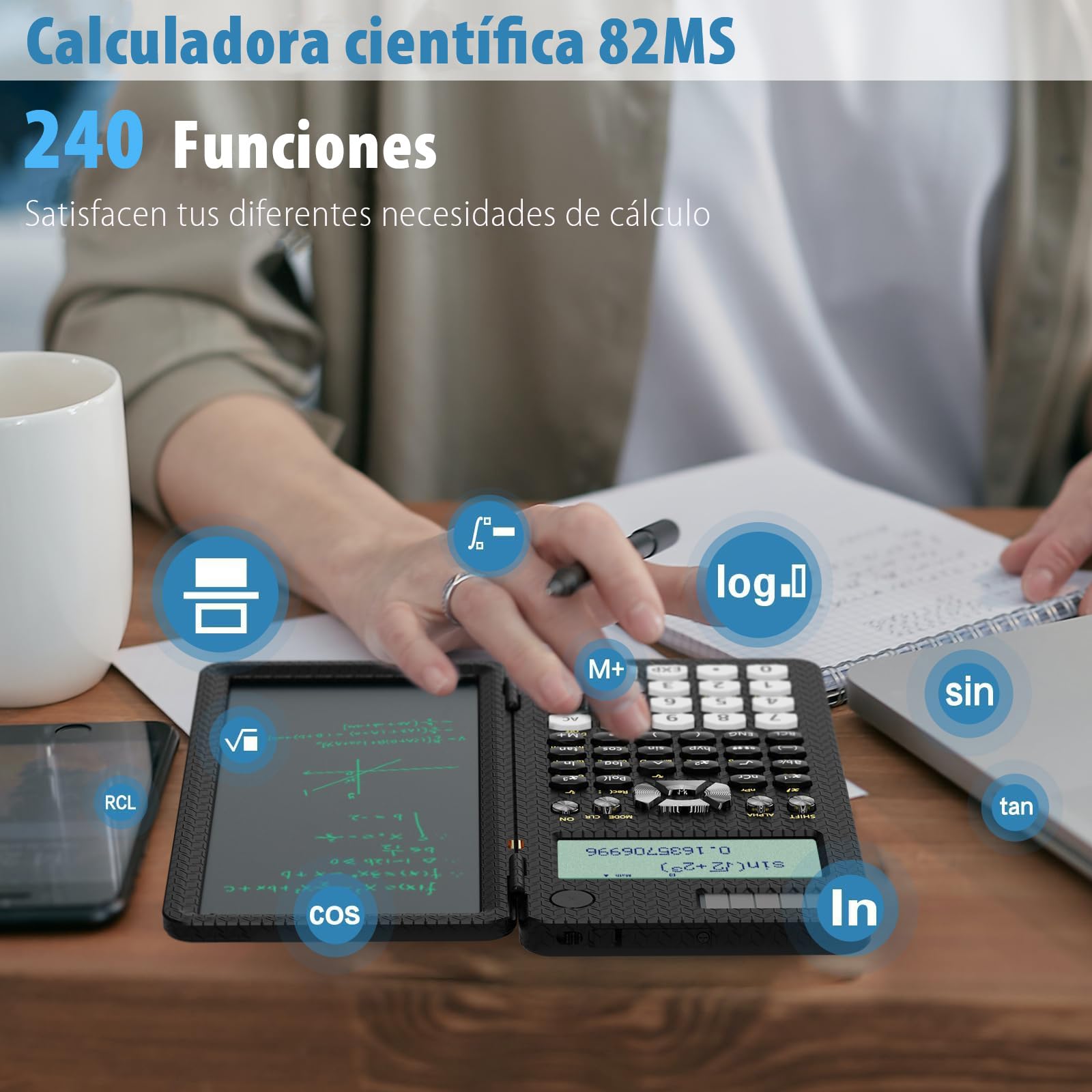 ROATEE-Calculadora cientifica con Bloc de Notas, calculadoracientifica de Oficina 82 MS, Funciona con energia Solar y bateriacalculadora cientifica Plegable de 6.5 Pulgadas