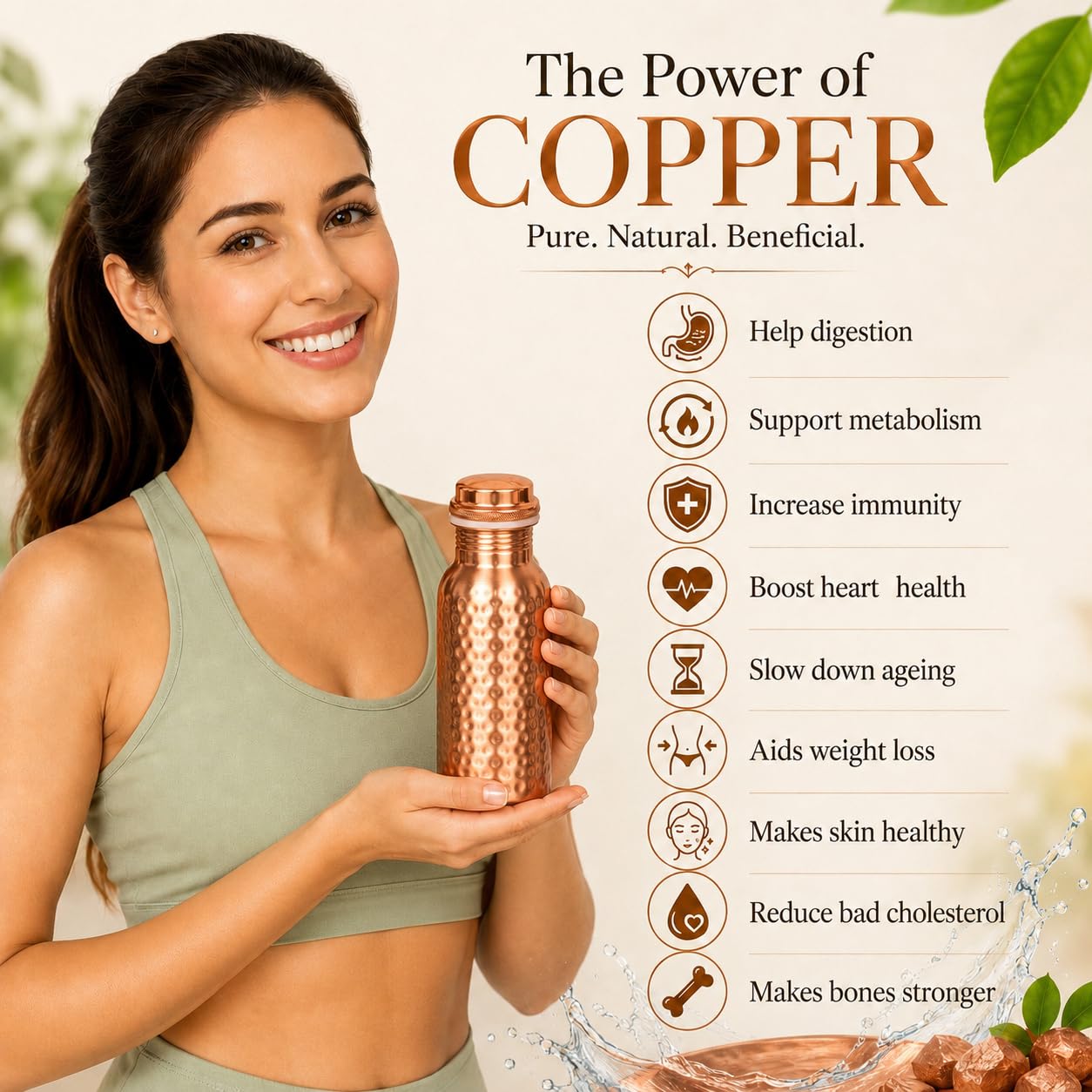 Bouteille d'eau en cuivre pur Fabriquée à la main Petite taille de 425 ml facile à transporter pour le sport, Finition en cuivre martelé naturel