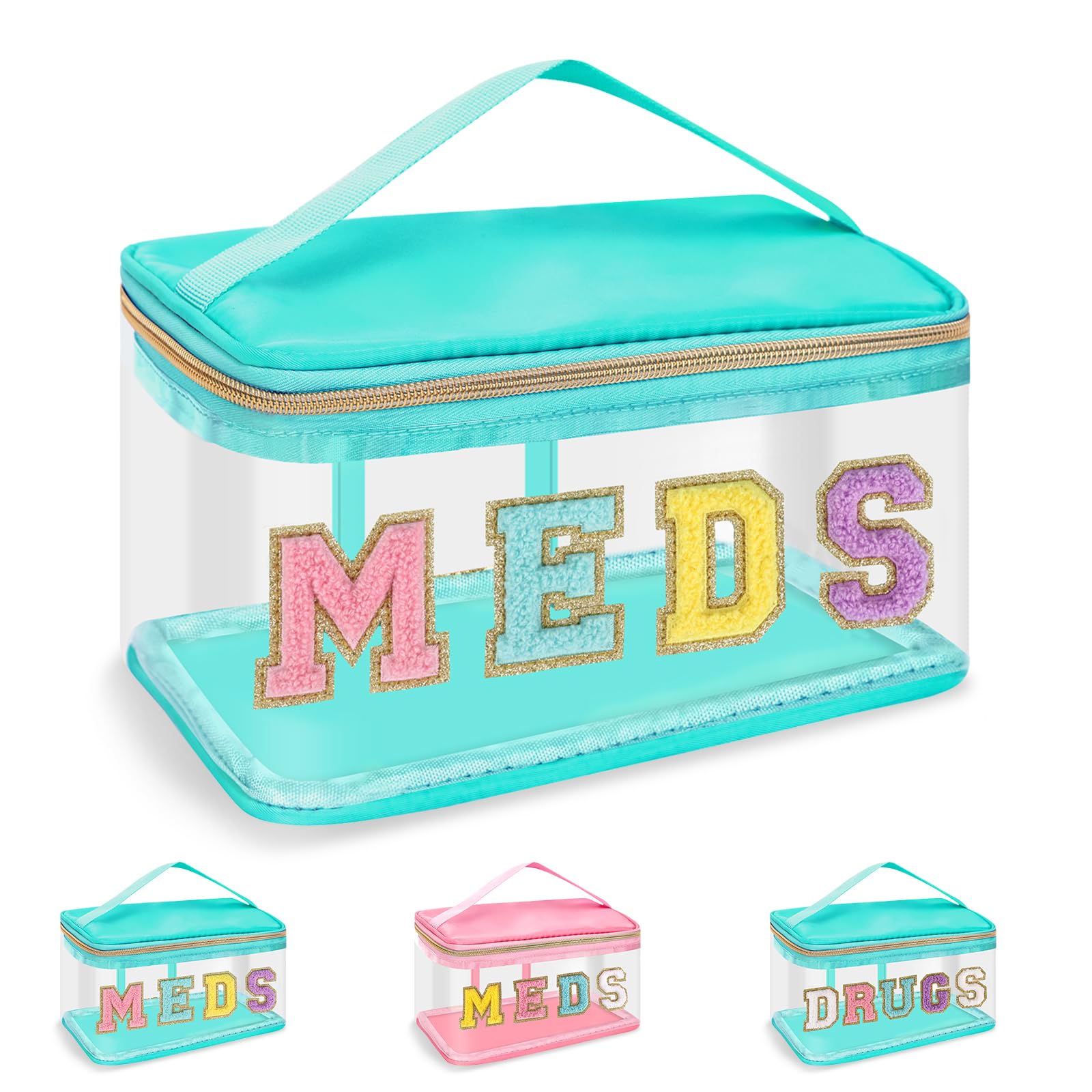 Clear Patch Letter Bag Medicine Drugs Pouch with Handle, Travel Chenille Letter Makeup Cosmetic Bag for Women Girls, Waterproof Nylon PVC Zipper Toiletry Meds Storage Case Stadium Bag(Green, MEDS)