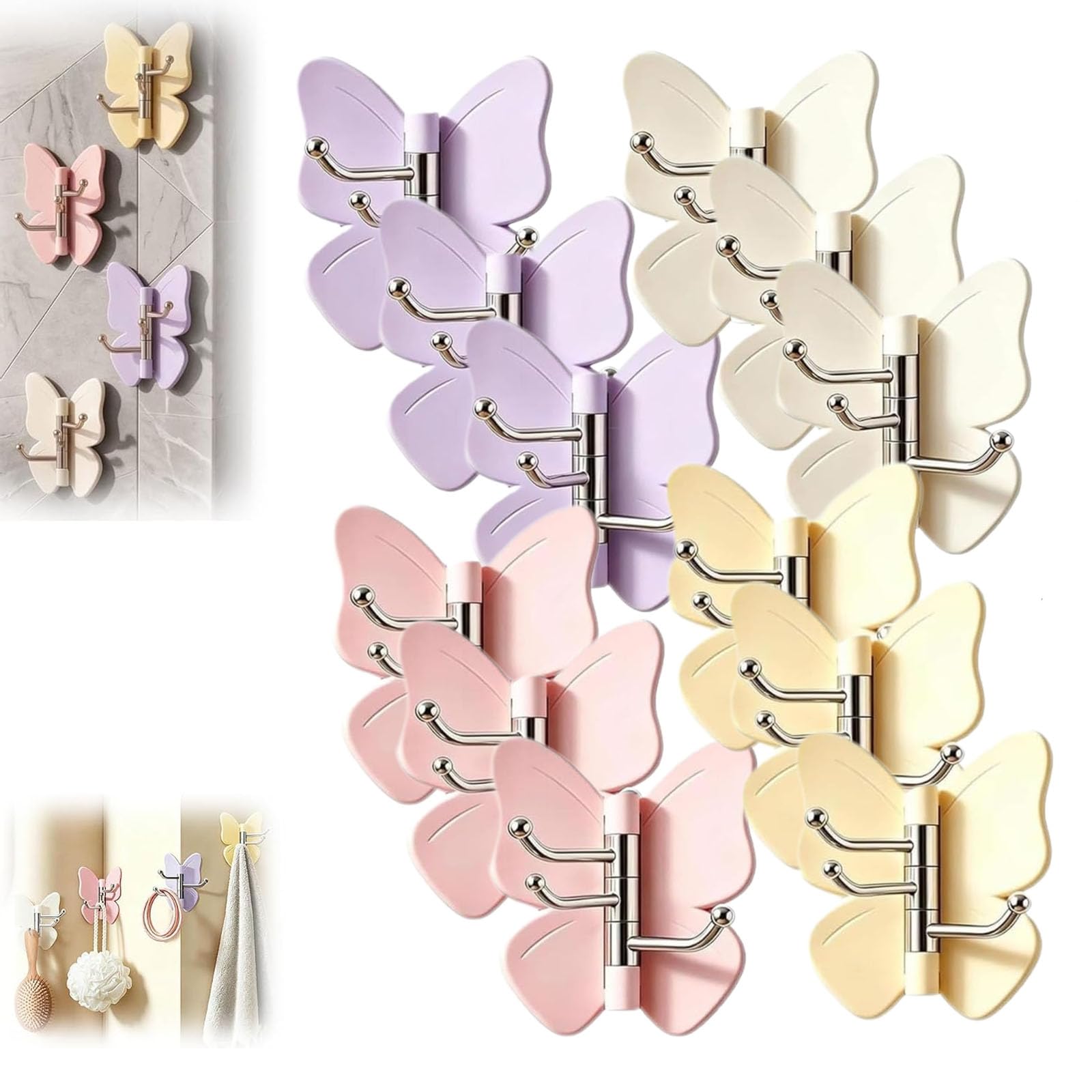 4PCS Rotating Butterfly Adhesive Wall Hooks, No-Drill 270° Swivel 3-Prong Hangers with Adjustable Wings, Cute Corner Storage Hook, Decorative Multipurpose Mount or Bathroom, Kitchen, Entryway (12PCS)