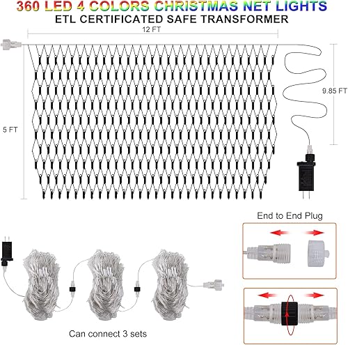 Miniatura 3 de A-OKHOSE Luces de red de Navidad, 360 luces LED de 12 x 5 pies, cable transparente, impermeable, conectables, con 8 modos, luces de Navidad al aire