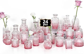 24PCS Mini Bud Vases As Wedding Centerpieces for Tables,Clear Bud Vases for Flowers,Small Flower Vases Suitable for Birthday Party,Anniversary,Wedding Reception,Baby Shower Light Pink