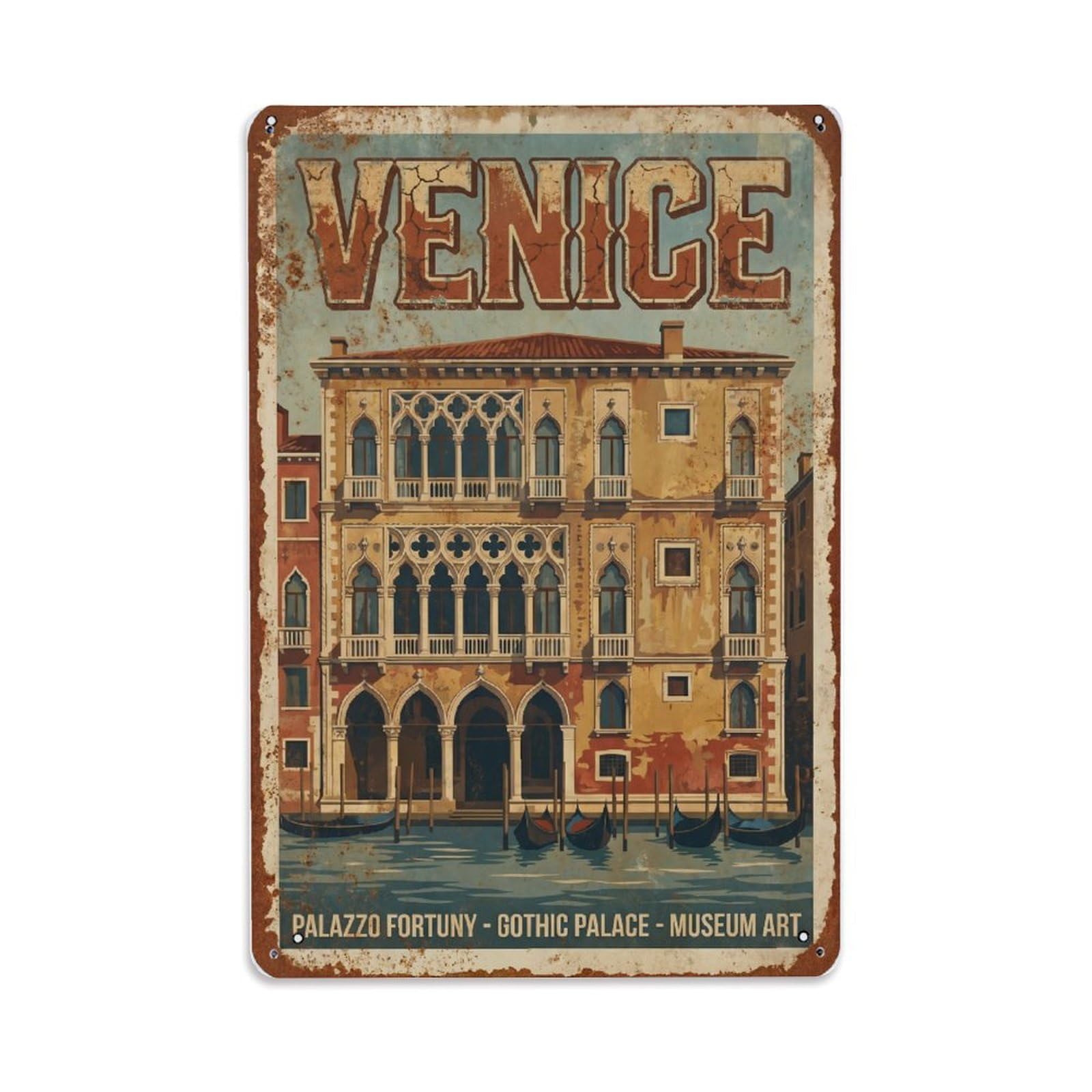 Vintage Travel Venice Palazzo Fortuny Gothic Museum Rusted Italy Metal Tin Sign Plaque Wall Decor for Cafe, Club Bar, Office, Home Garden Metal Poster 8x12Inch