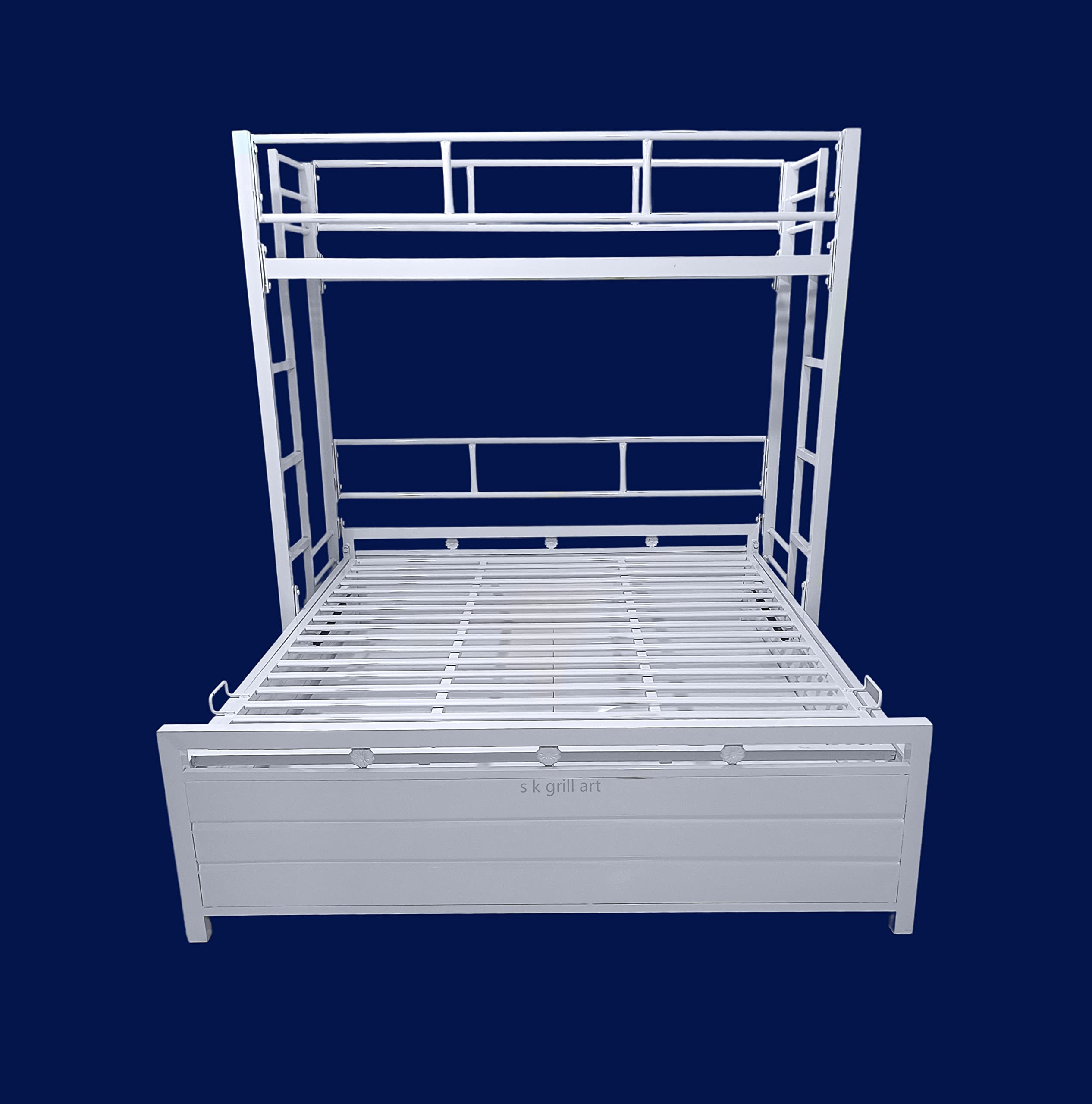 s k grill art Wrought Iron Metal Bunk Bed Frame for Adults Kids with Storage Box Queen Plus Single Size Twin Loft (5 X 6 feet + 2.5 X 6 feet, White Colour Powder Coated)