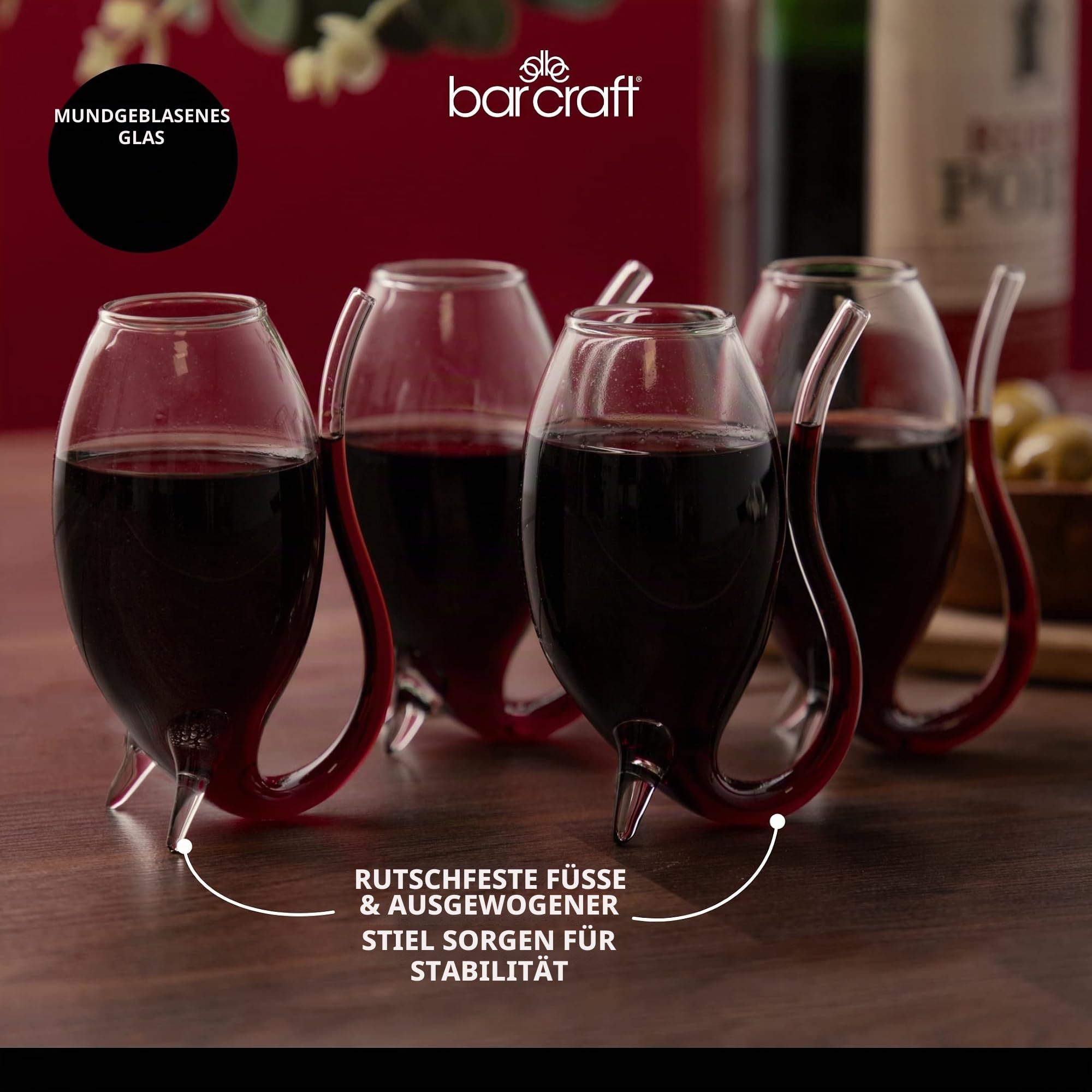 BarCraft Portwein-Trinkgläser, 4er-Set Portweinschöpfer, mundgeblasene Cognac-Gläser, 90ml Fassungsvermögen, 16 x 16 x 13cm, 1 Set