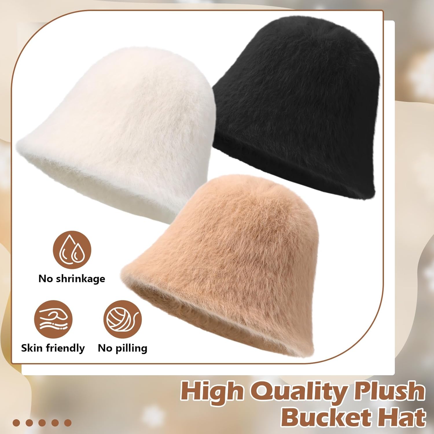 3 Pcs Faux Fur Bucket Hat Women's Fuzzy Bucket Hat 55-58 cm Adjustable Furry Warm Fisherman Cap for Women Men Cold Weather Warm Hats White Black Khaki - Image 3