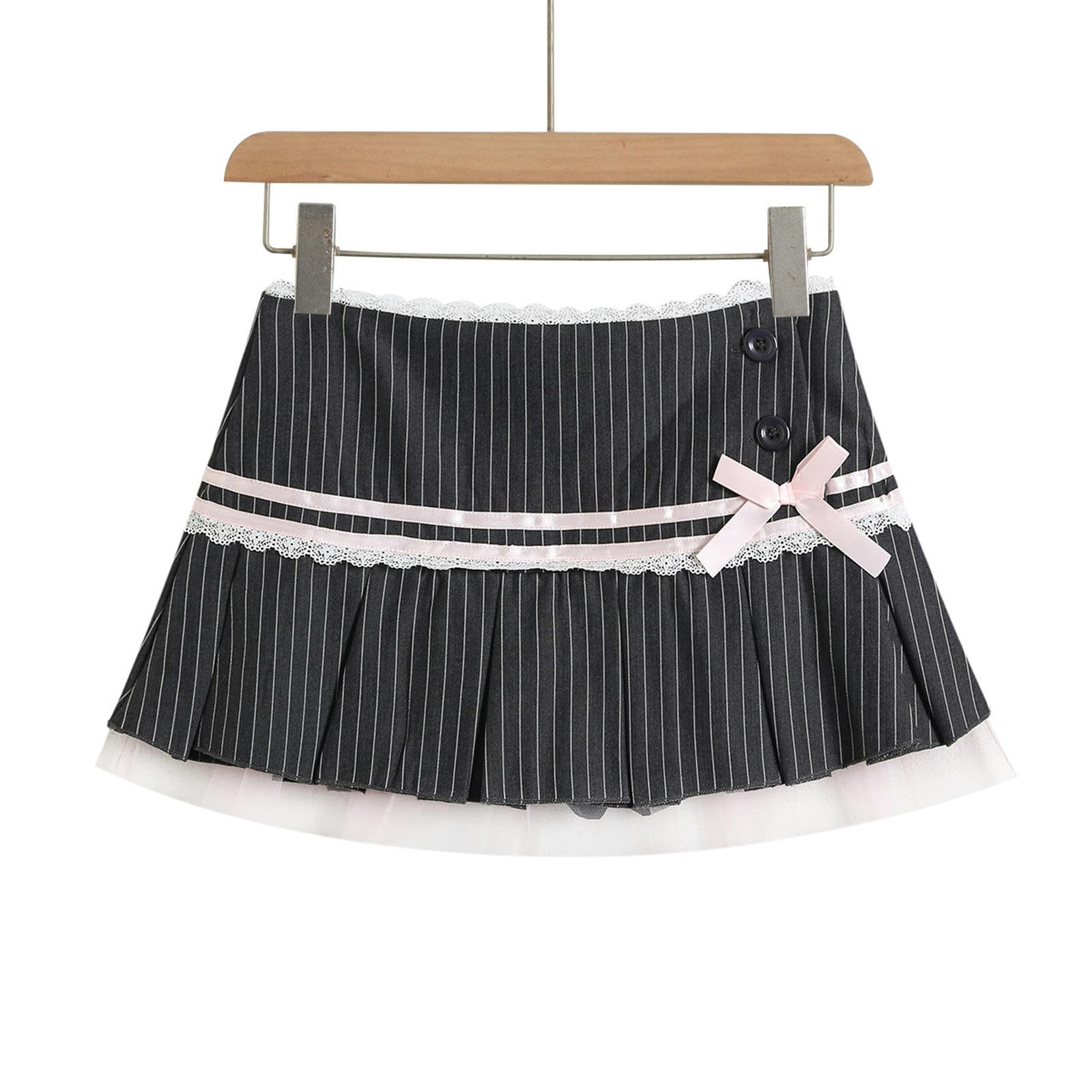 Falda Plisada De Encaje con Lazo De Color En Contraste A Rayas Falda De Una Línea Anti-Expuesta De Cintura Baja para Niña De Verano-Gris-L