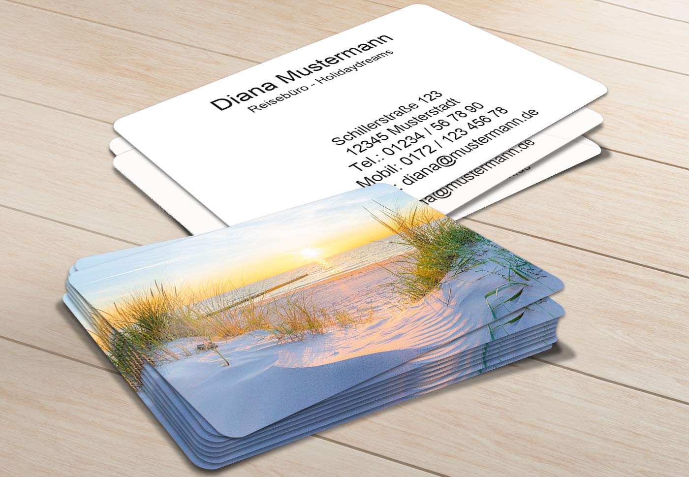 100 Visitenkarten, laminiert, 85 x 55 mm, inkl. Kartenspender - Urlaub Reise Ferien