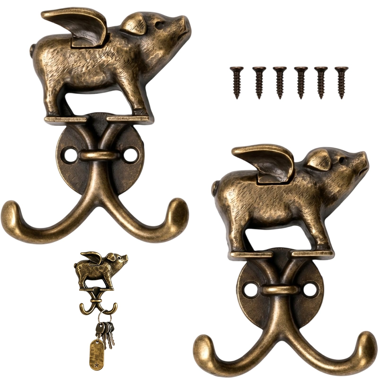 Solvio Flying Pig Wall Mounted Coat Hooks, Heavy Duty Vintage Style Hooks for Farmhouse Decor, Animal Design for Hanging Coats, Bags, Towels - Set of 2