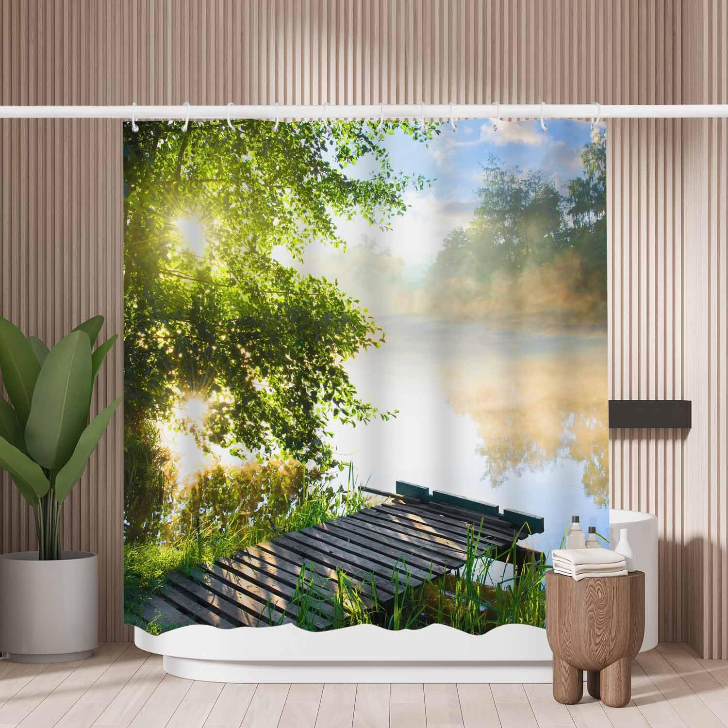 Woutay A229 Shower Curtain Mould Proof Resistant Fishing Pier On River,Water Repellant Fabric,Polyester,Size 180X180cm