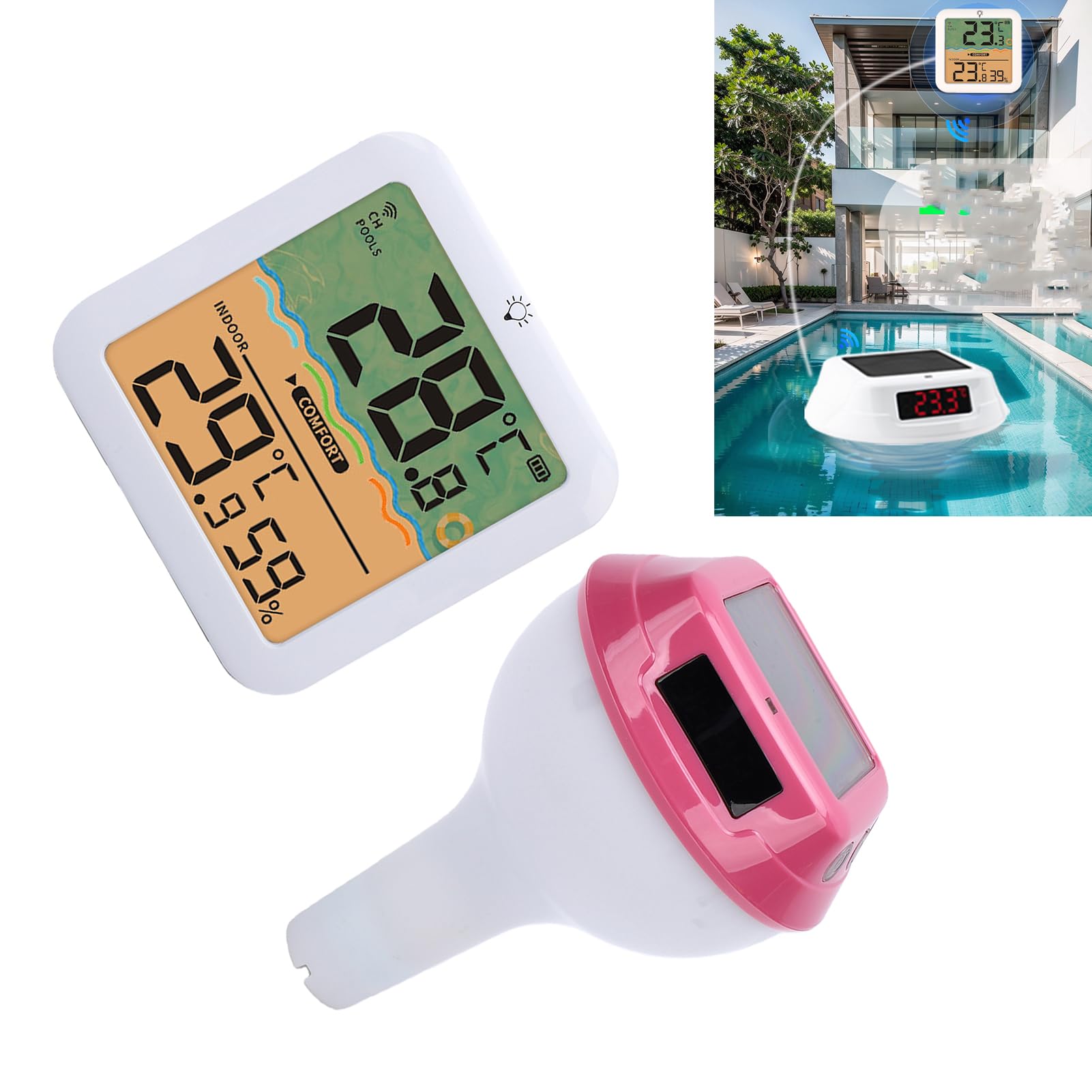 Solares Digitales Poolthermometer Schwimmend, Solarbetriebener Pooltemperatur- und Luftfeuchtigkeitssensor mit RGB-Licht, Temperaturüberwachung für Schwimmbad, Teiche, Spa (Rot)